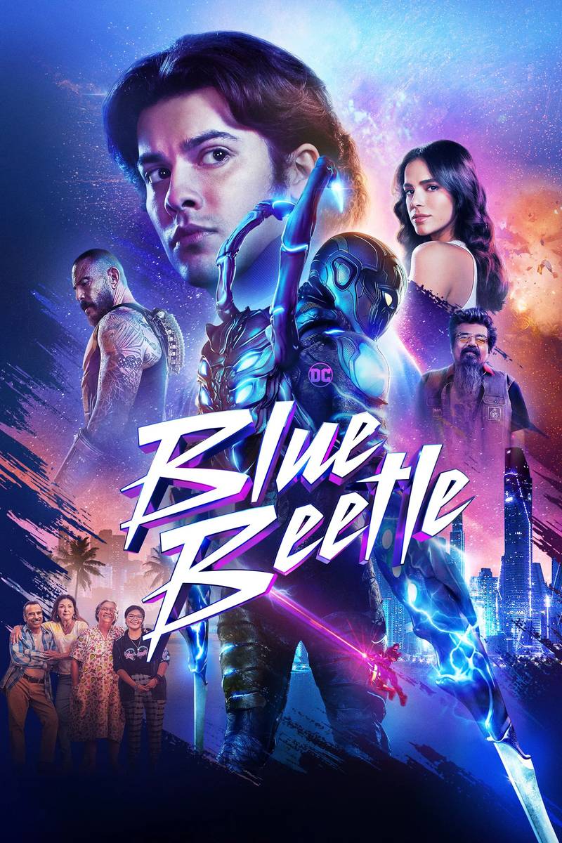Poster chính thức của phim Phim Hành Động, Phim Viễn Tưởng "Bọ Hung Xanh" (Blue Beetle - 2023), với sự tham gia của diễn viên Xolo Mariduena và Bruna Marquezine.