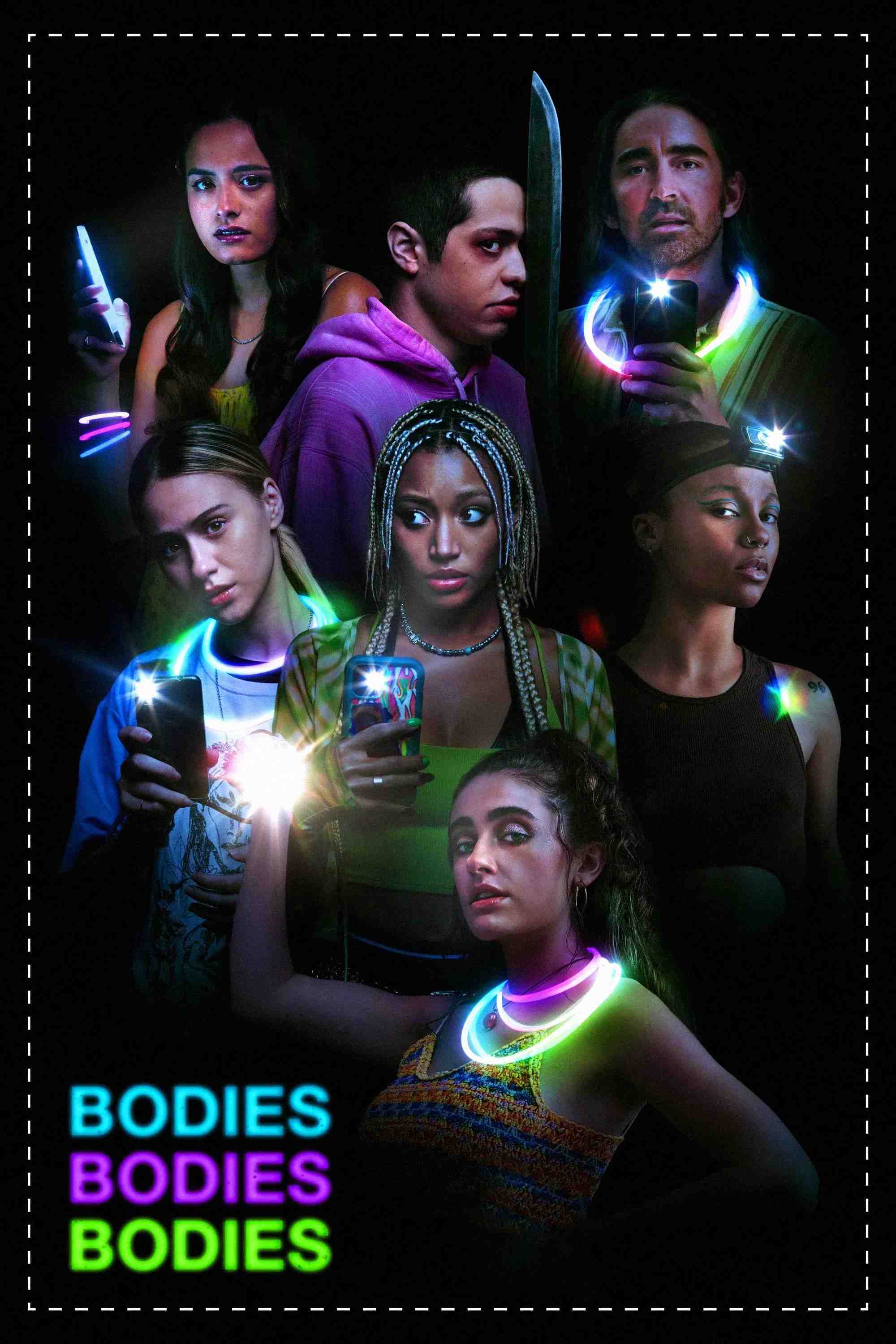 Poster chính thức của phim Phim Kinh Dị, Phim Hài "Bodies Bodies Bodies" (Bodies Bodies Bodies - 2022), với sự tham gia của diễn viên Amandla Stenberg và Maria Bakalova.