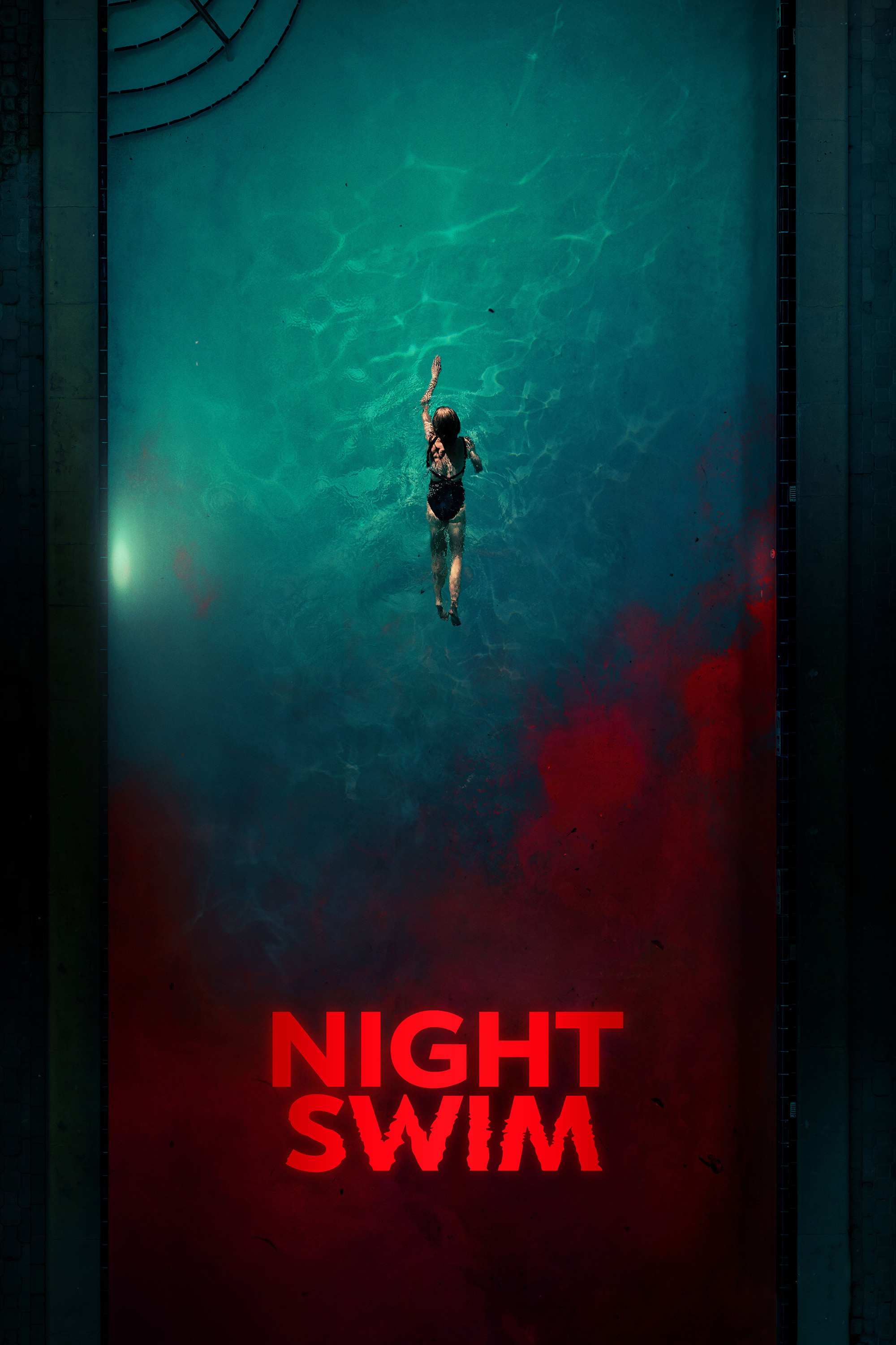 Poster chính thức của phim Phim Kinh Dị "Bơi Đêm" (Night Swim - 2024), với sự tham gia của diễn viên Wyatt Russell và Kerry Condon.