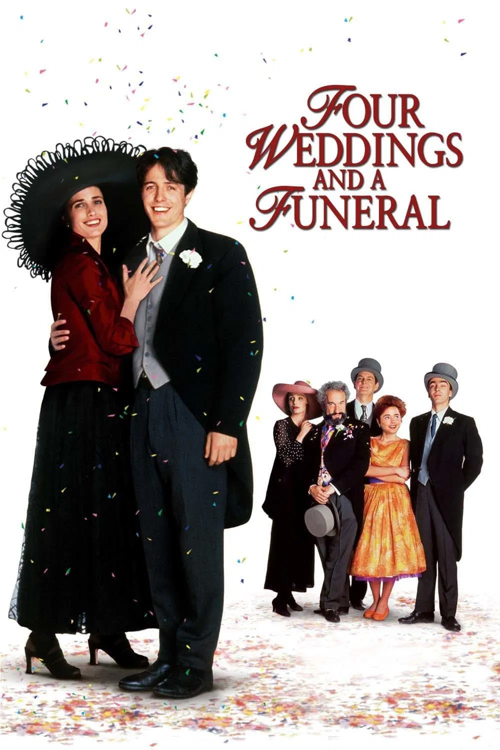 Poster chính thức của phim Phim Hài, Phim Tâm Lý "Bốn Đám Cưới và Một Đám Ma" (Four Weddings and a Funeral - 1994), với sự tham gia của diễn viên Hugh Grant và Andie MacDowell.