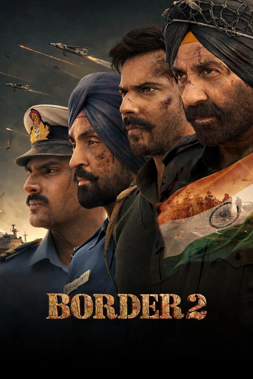 Poster chính thức của phim Phim Hành Động, Phim Tâm Lý "Border 2" (Border 2 - 2026), với sự tham gia của diễn viên Sunny Deol và Varun Dhawan.
