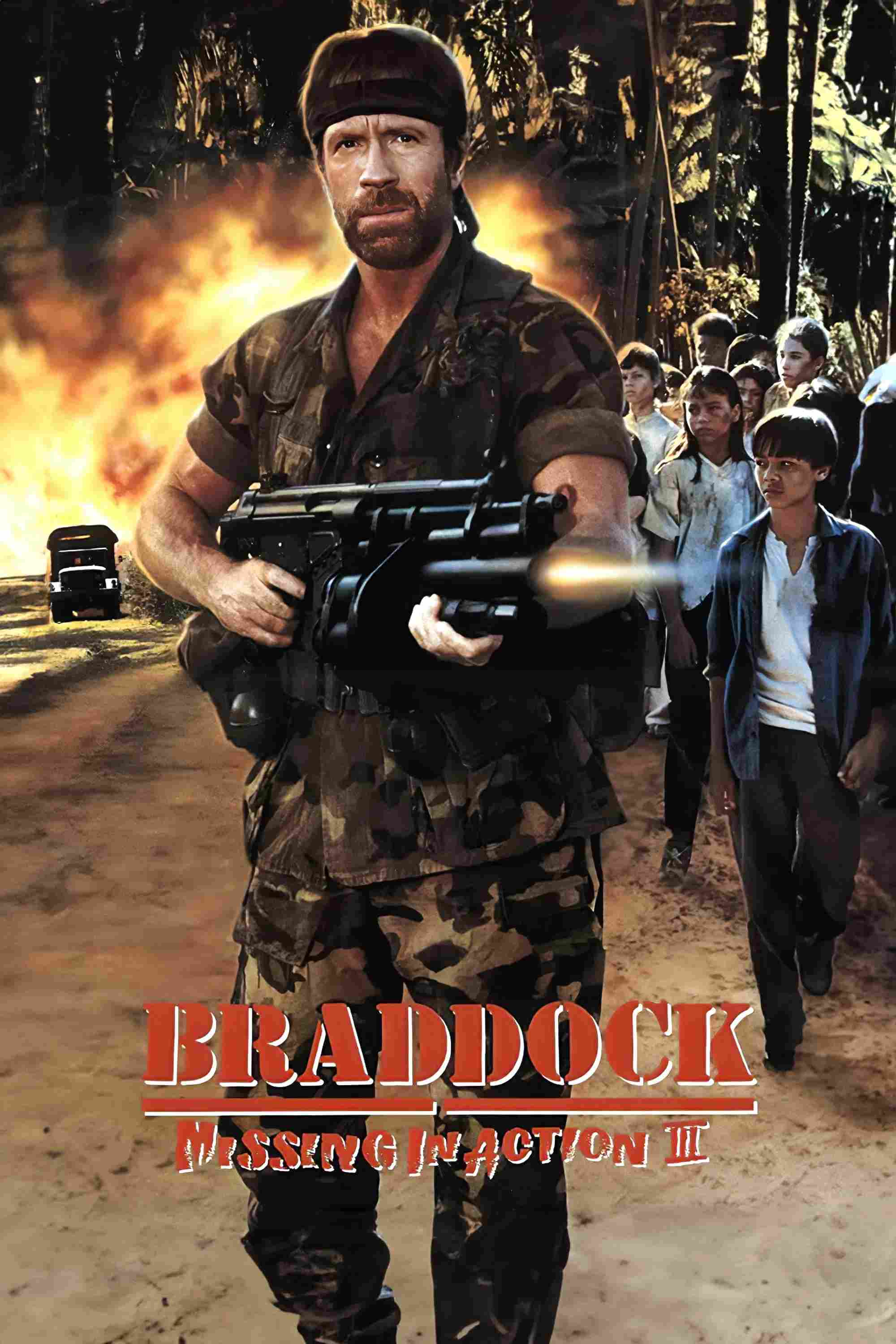 Poster chính thức của phim Phim Hành Động, Phim Chiến Tranh "Braddock: Missing in Action III" (Braddock: Missing in Action III - 1988), với sự tham gia của diễn viên Chuck Norris và Aki Aleong.