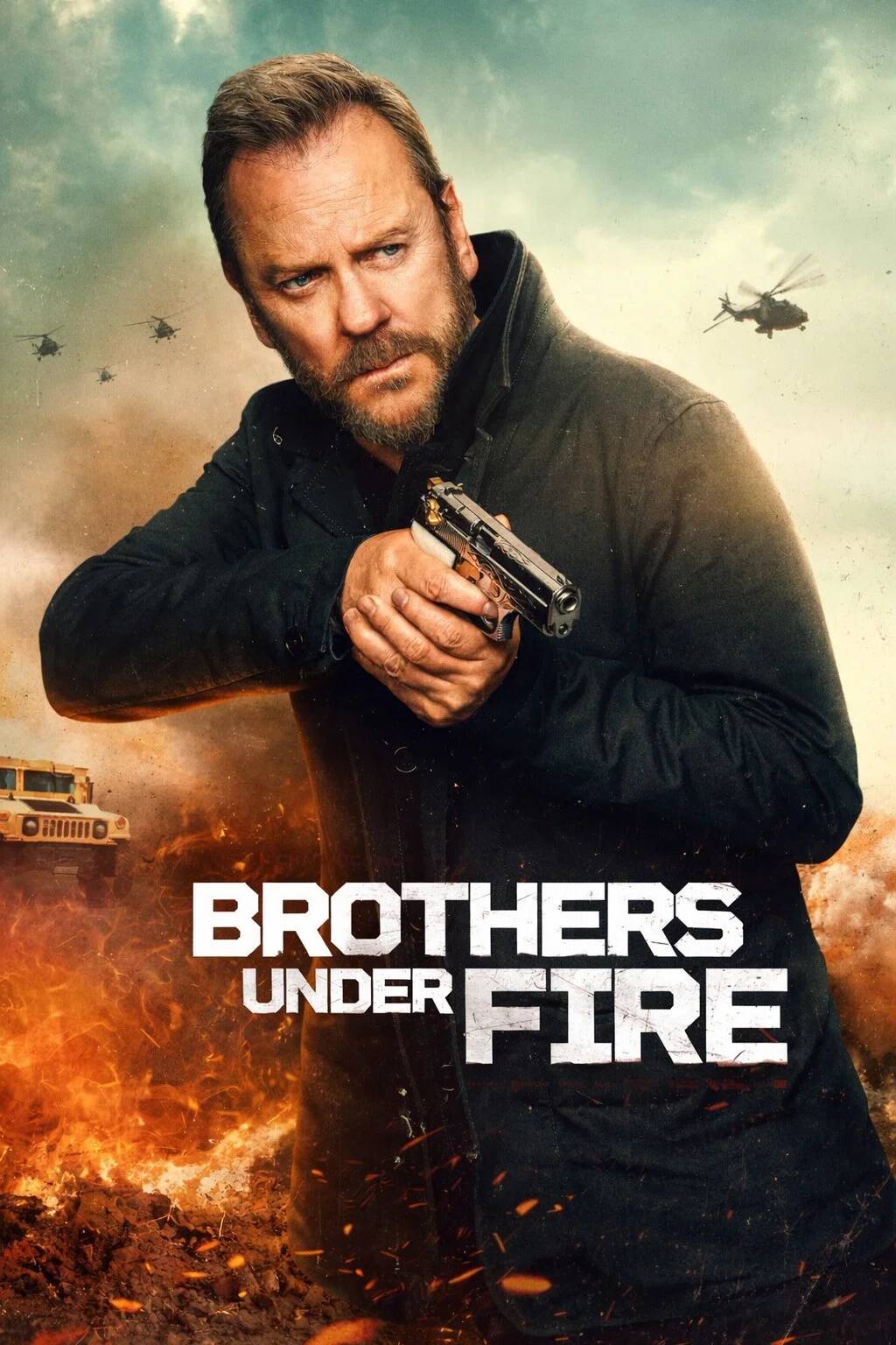 Poster chính thức của phim Phim Hành Động, Phim Giật Gân "Brothers Under Fire" (Brothers Under Fire - 2026), với sự tham gia của diễn viên Kiefer Sutherland và Tommy Martinez.