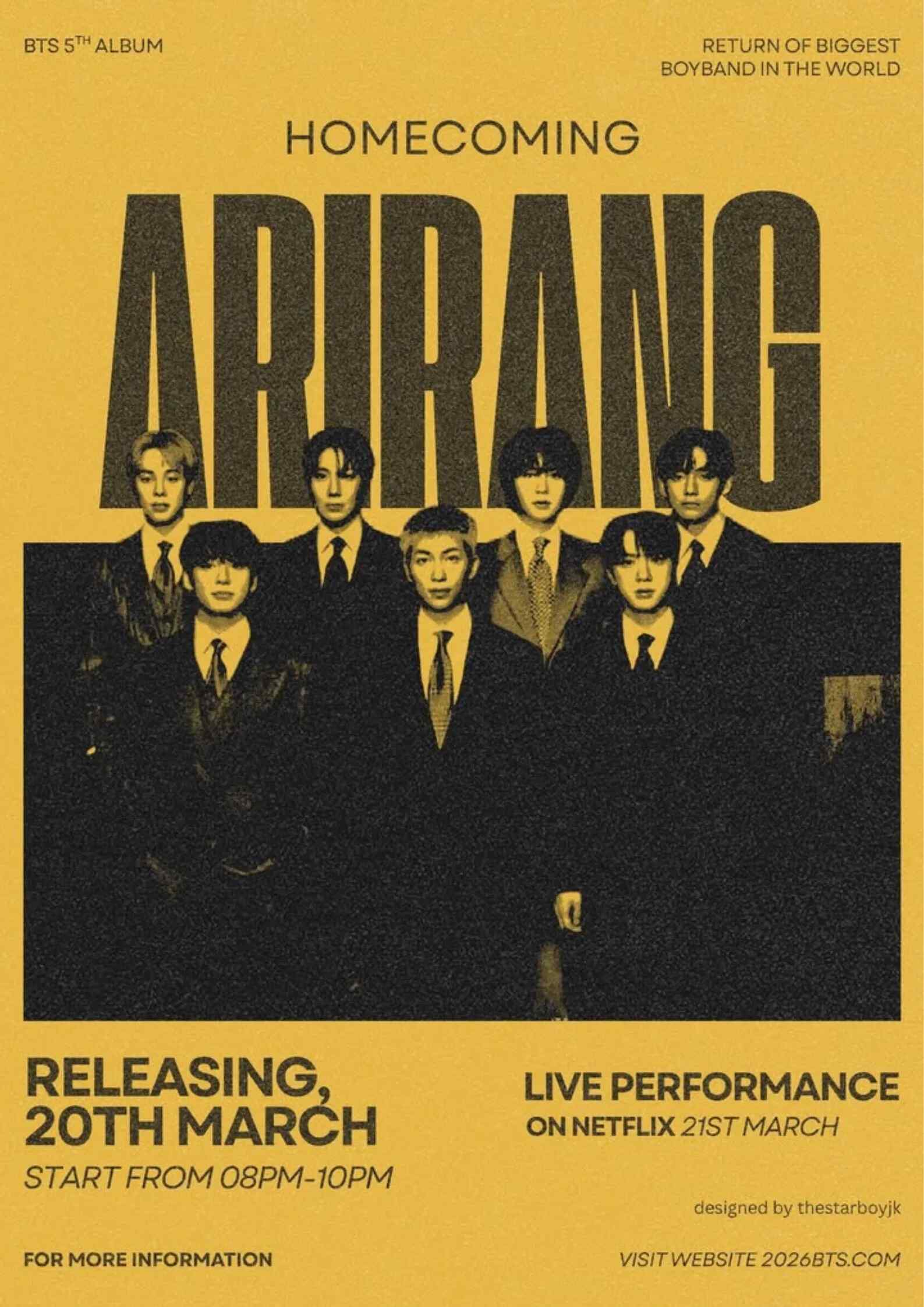 Poster chính thức của phim Phim Ca Nhạc "BTS: SỰ TRỞ LẠI" (BTS THE COMEBACK LIVE | ARIRANG - 2026), với sự tham gia của diễn viên RM và Jin.