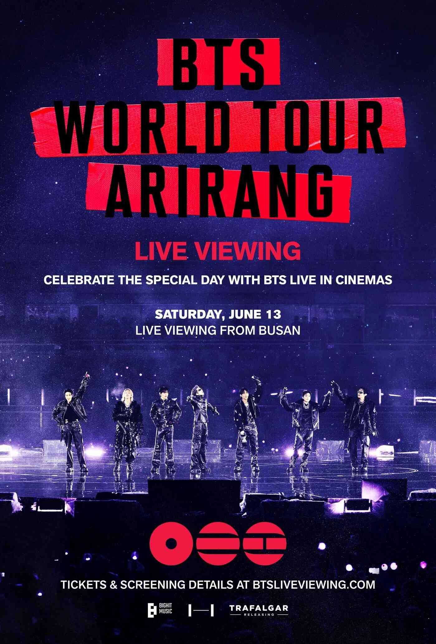 Poster chính thức của phim Phim Ca Nhạc "BTS World Tour ‘Arirang’ tại Busan: Xem trực tiếp" (BTS World Tour ‘Arirang’ in Busan: Live Viewing - 2026), với sự tham gia của diễn viên RM và Jin.