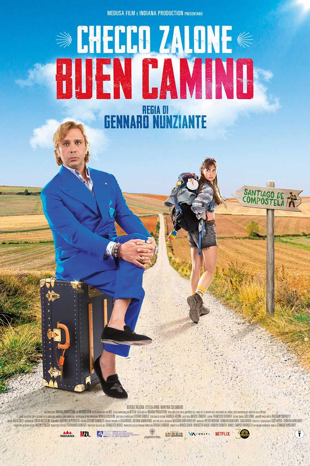 Poster chính thức của phim Phim Hài, Phim Gia Đình "Buen Camino" (Buen Camino - 2025), với sự tham gia của diễn viên Checco Zalone và Beatriz Arjona.