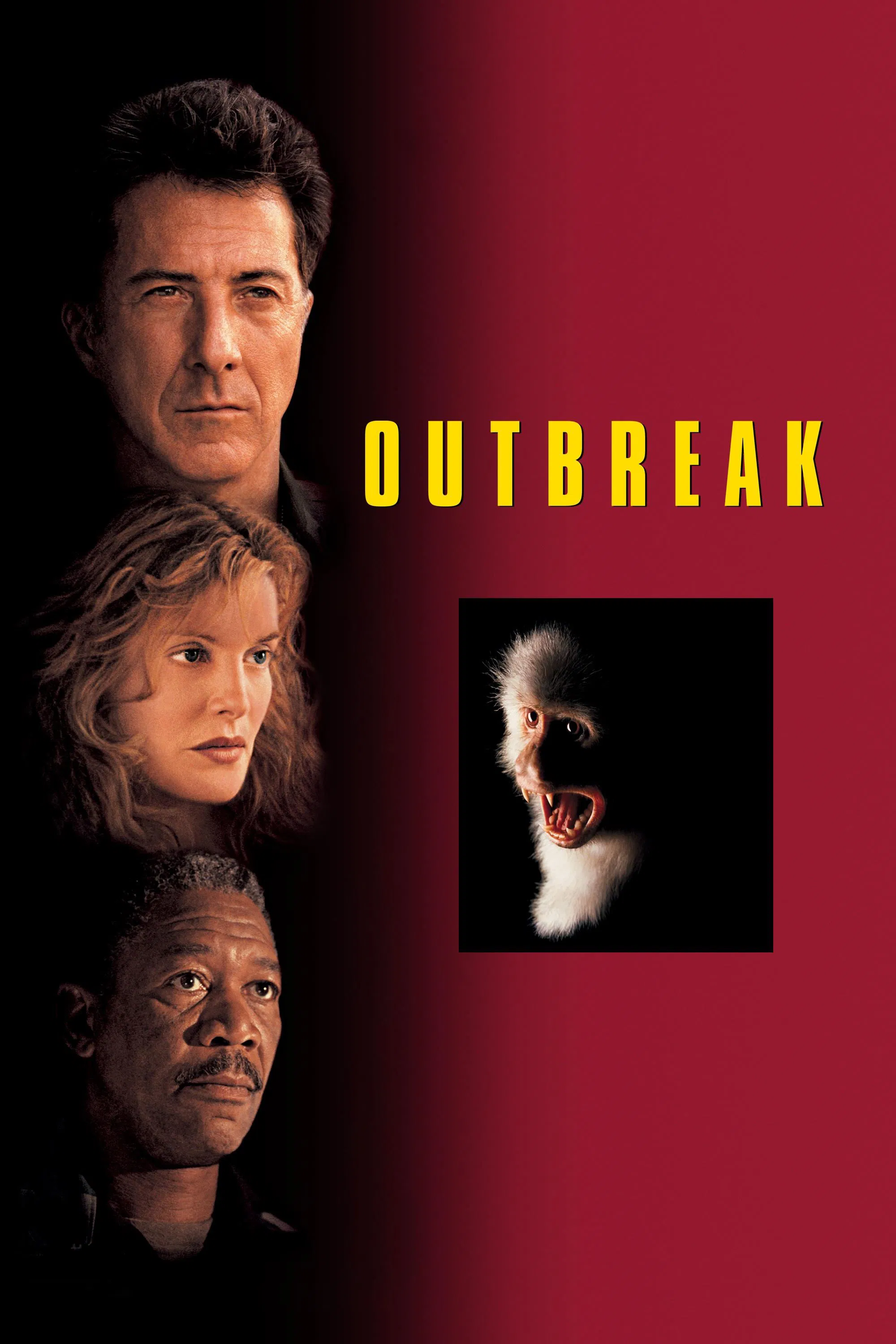 Poster chính thức của phim Phim Hành Động, Phim Tâm Lý "Bùng Nổ" (Outbreak - 1995), với sự tham gia của diễn viên Dustin Hoffman và Rene Russo.