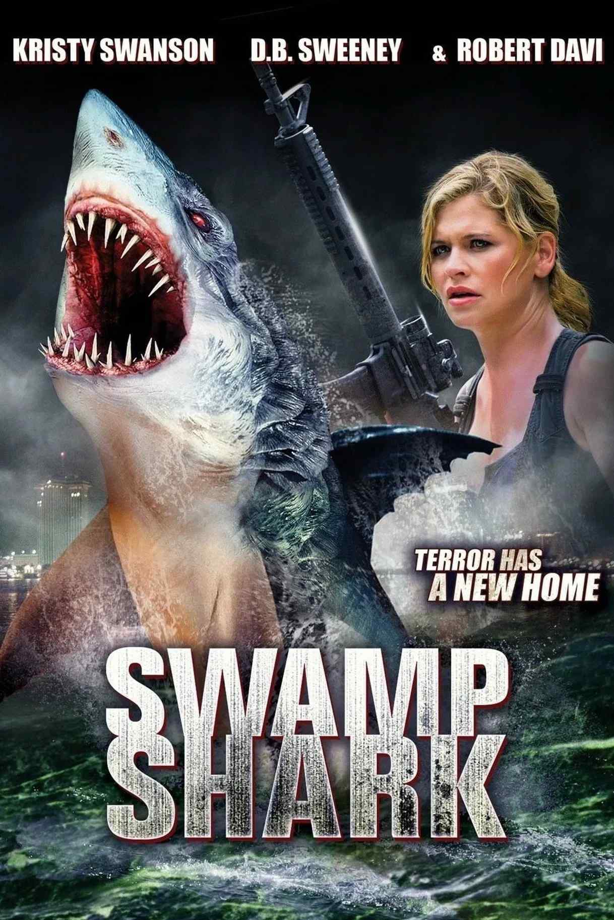 Poster chính thức của phim Phim Hành Động, Phim Phiêu Lưu "Cá Mập Đầm Lầy" (Swamp Shark - 2011), với sự tham gia của diễn viên Kristy Swanson và Robert Davi.