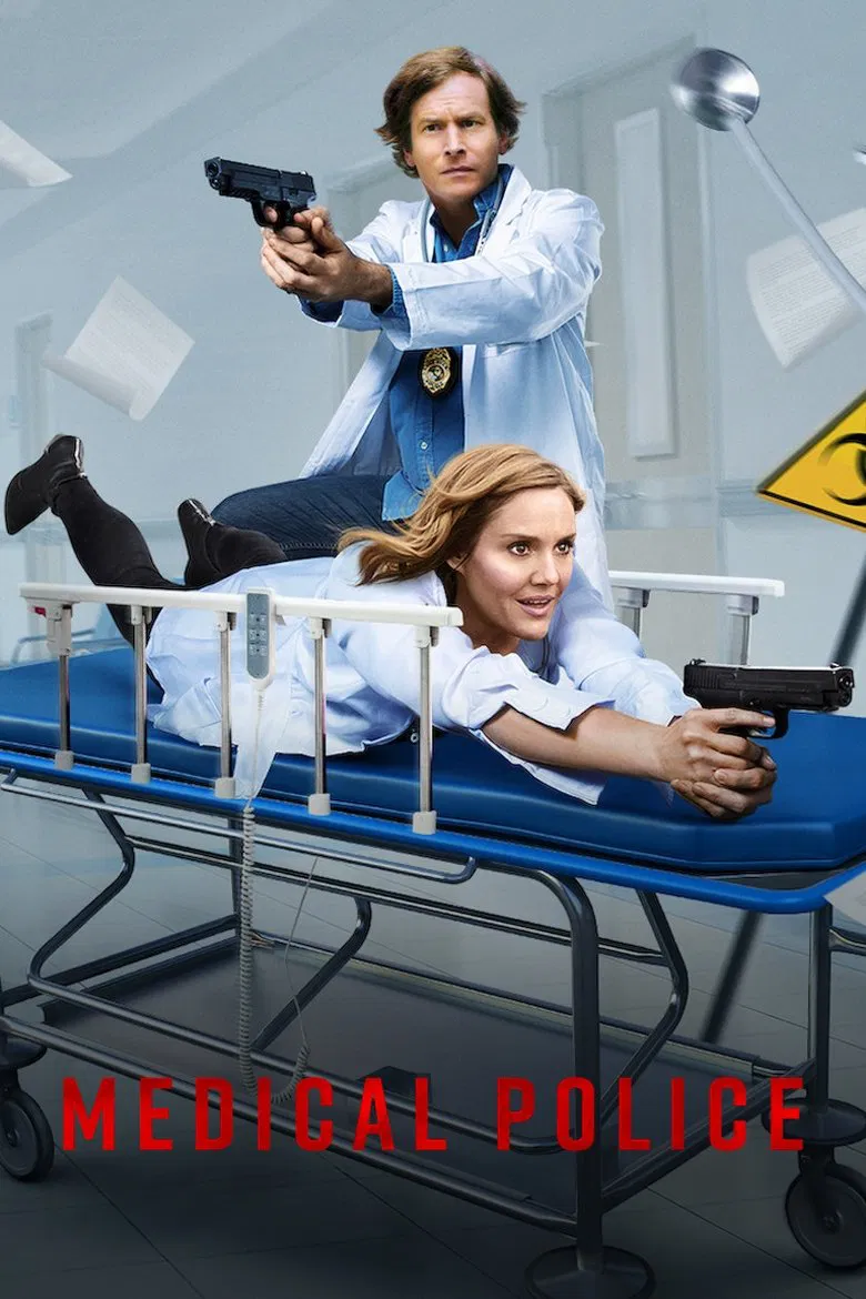 Poster chính thức của phim Phim Hài "Cảnh Sát Y Khoa (Phần 1)" (Medical Police - 2020), với sự tham gia của diễn viên Erinn Hayes và Rob Huebel.