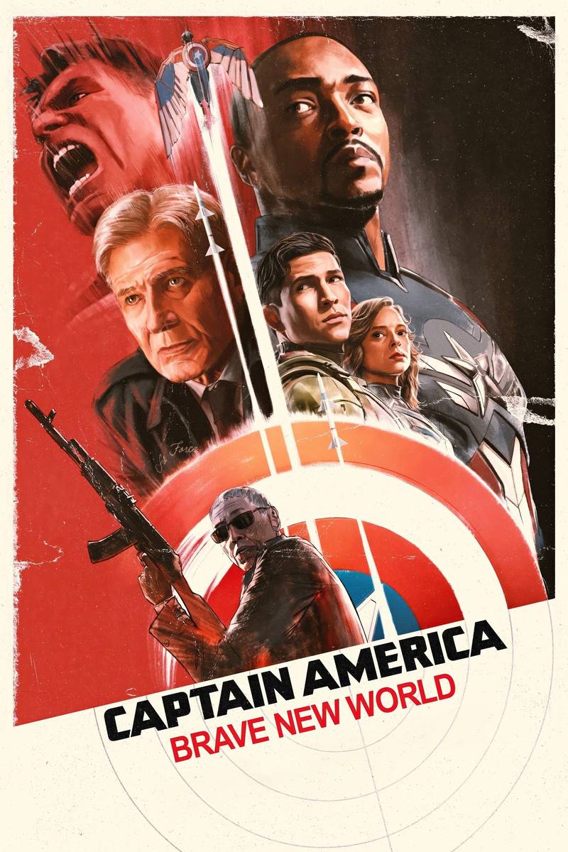Poster chính thức của phim Phim Hành Động, Phim Giật Gân "Captain America: Thế Giới Mới" (Captain America: Brave New World - 2025), với sự tham gia của diễn viên Anthony Mackie và Harrison Ford.