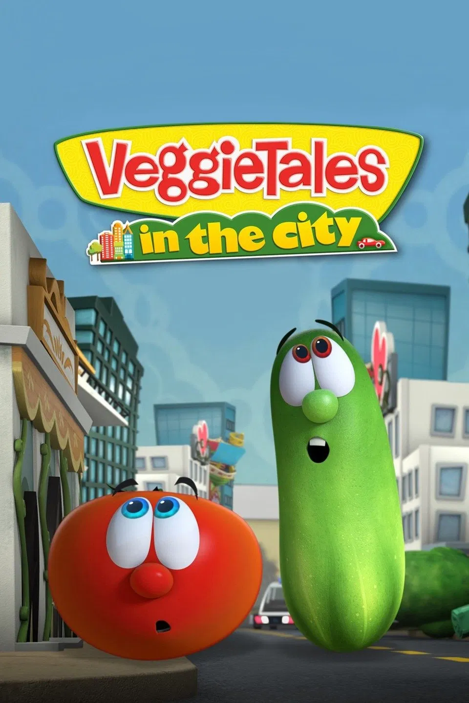 Poster chính thức của phim Phim Hoạt Hình, Phim Hài "Câu chuyện rau củ: Tới thành phố (Phần 1)" (VeggieTales in the City - 2017), với sự tham gia của diễn viên Mike Nawrocki và Phil Vischer.