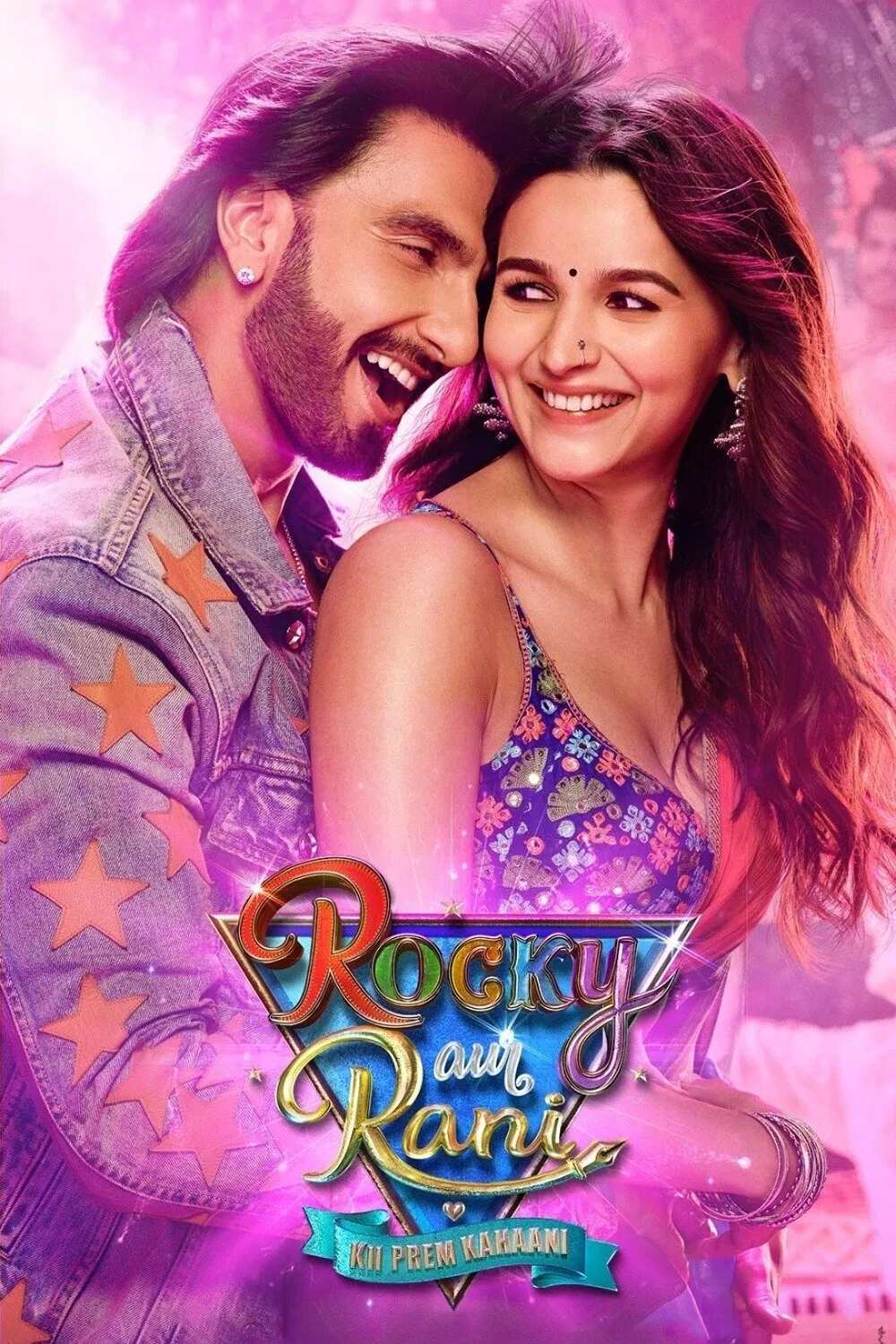 Poster chính thức của phim Phim Hài, Phim Tâm Lý "Câu chuyện tình yêu của Rocky và Rani" (Rocky Aur Rani Kii Prem Kahaani - 2023), với sự tham gia của diễn viên Alia Bhatt và Ranveer Singh.