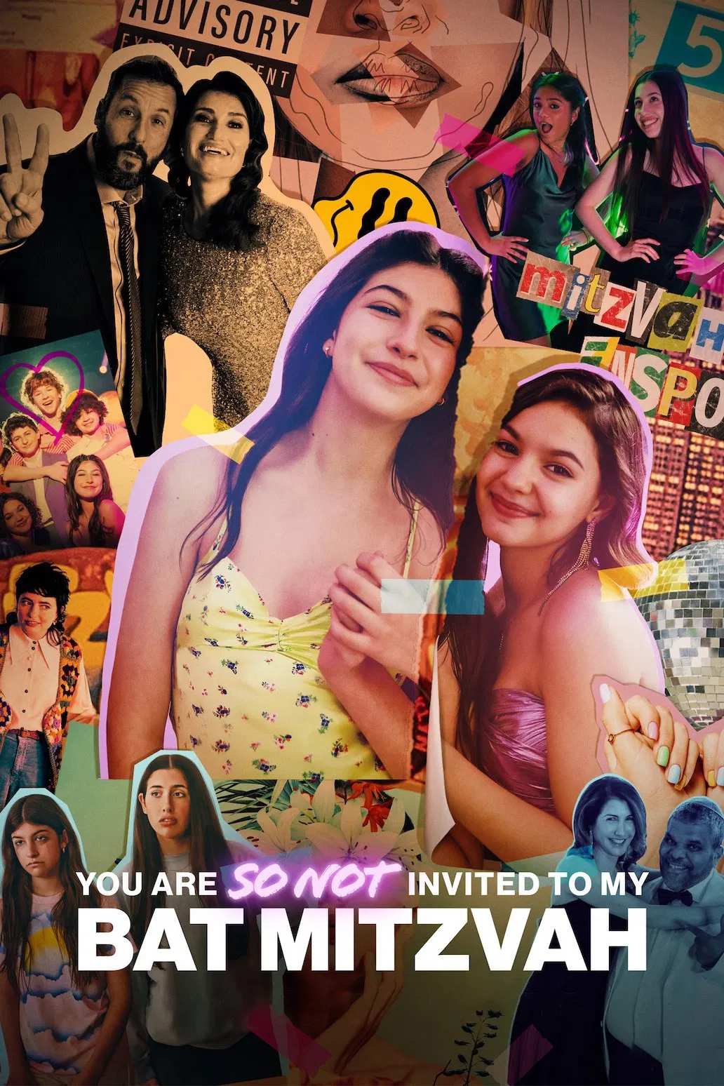 Poster chính thức của phim Phim Hài "Cậu Đừng Hòng Được Mời Đến Bat Mitzvah" (You Are So Not Invited to My Bat Mitzvah - 2023), với sự tham gia của diễn viên Sunny Sandler và Samantha Lorraine.
