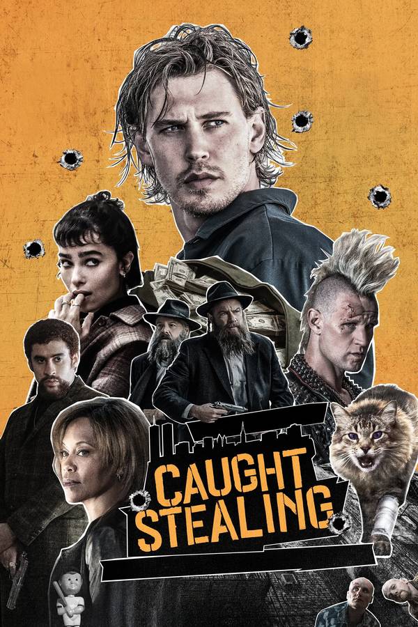 Poster chính thức của phim Phim Hình Sự, Phim Giật Gân "Đồng Phạm Bất Đắc Dĩ" (Caught Stealing - 2025), với sự tham gia của diễn viên Austin Butler và Regina King.