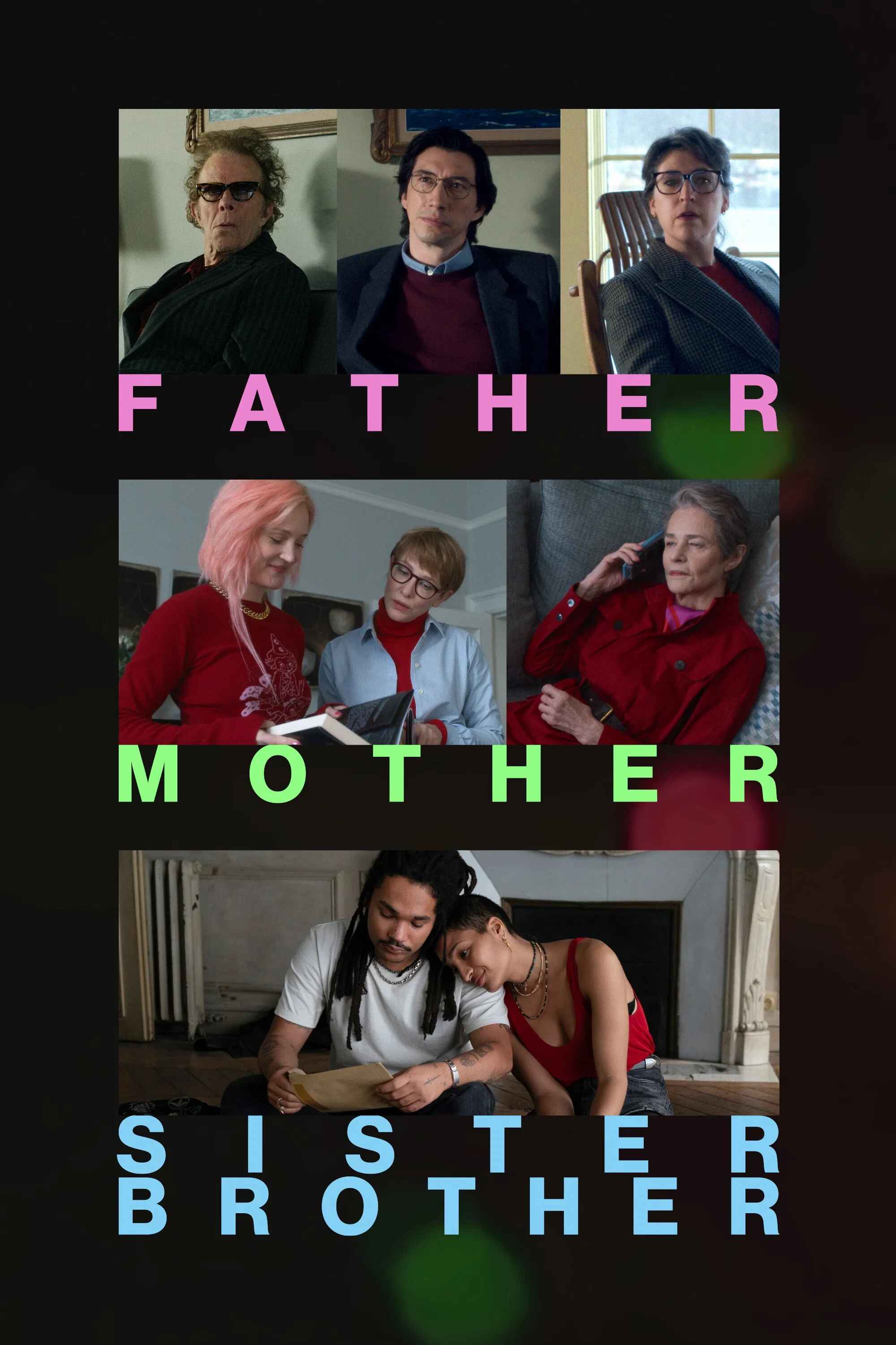 Poster chính thức của phim Phim Hài, Phim Tâm Lý "Cha Mẹ Chị và Em" (Father Mother Sister Brother - 2025), với sự tham gia của diễn viên Tom Waits và Adam Driver.