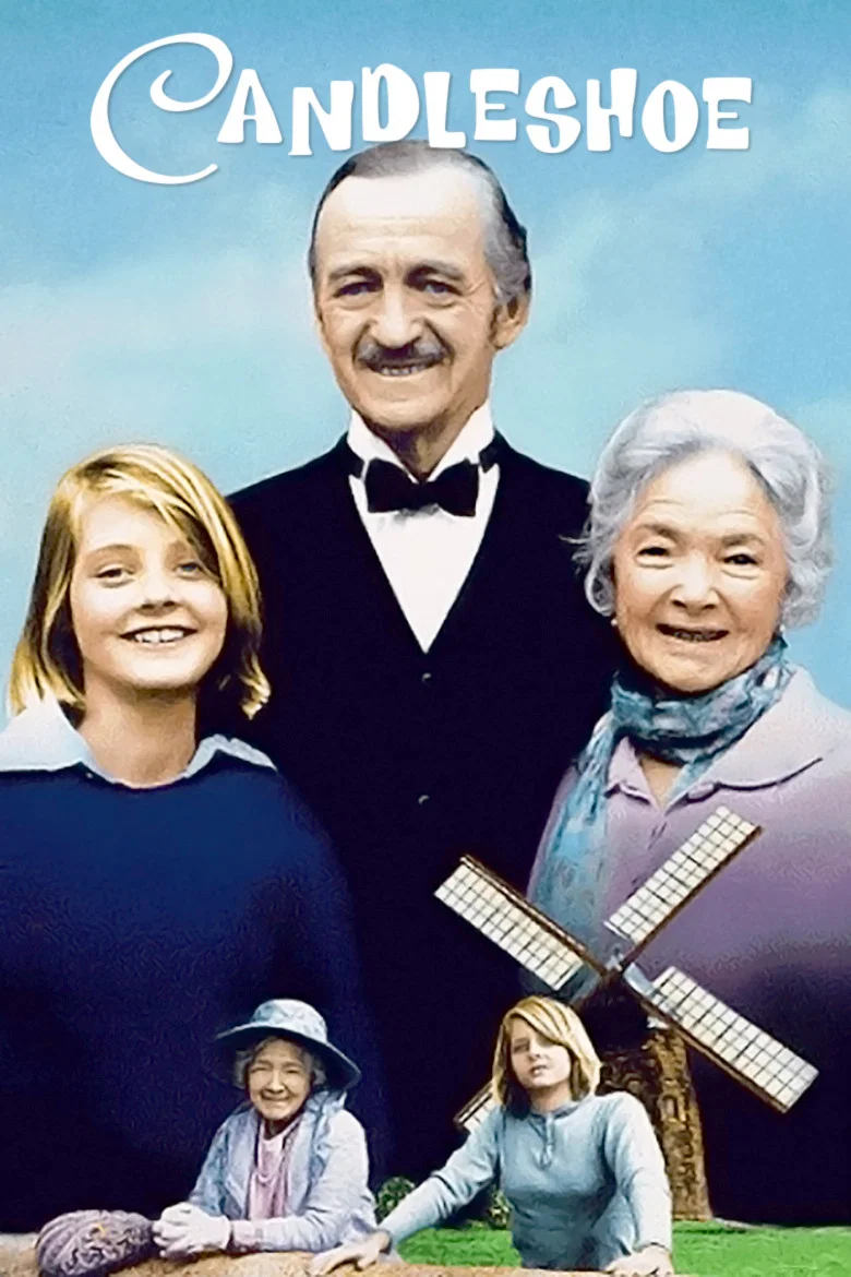 Poster chính thức của phim Phim Gia Đình "Chân nến" (Candleshoe - 1977), với sự tham gia của diễn viên David Niven và Helen Hayes.