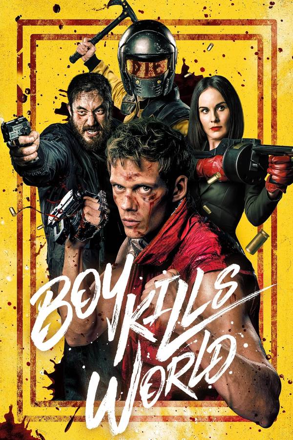 Poster chính thức của phim Phim Hình Sự, Phim Giật Gân "Chàng Trai Chọi Cả Thế Giới" (Boy Kills World - 2024), với sự tham gia của diễn viên Bill Skarsgård và Jessica Rothe.