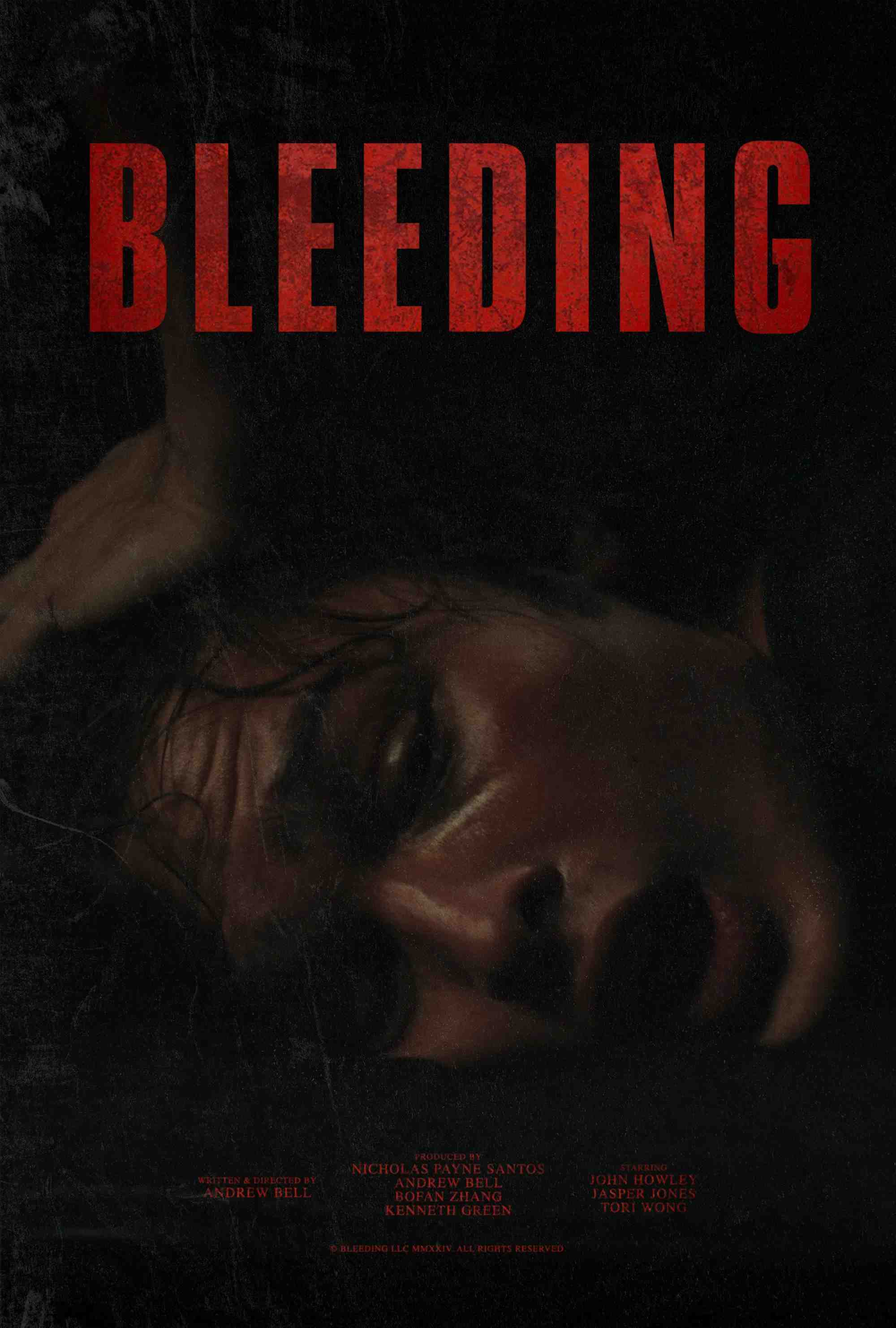 Poster chính thức của phim Phim Kinh Dị, Phim Giật Gân "Chảy máu" (Bleeding - 2025), với sự tham gia của diễn viên Jay Dunn và John R. Howley.