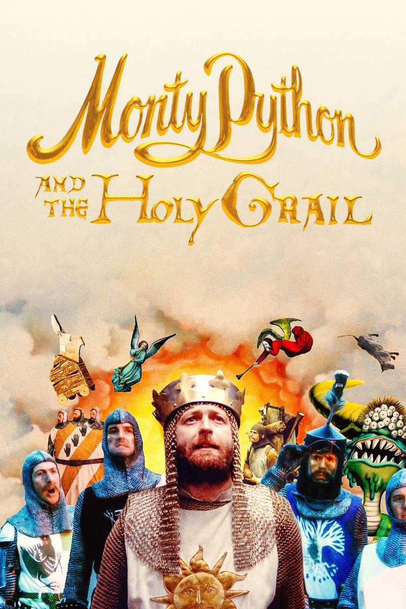 Poster chính thức của phim Phim Phiêu Lưu, Phim Hài "Chén Thánh Phiêu Lưu Ký" (Monty Python and the Holy Grail - 1975), với sự tham gia của diễn viên Graham Chapman và John Cleese.