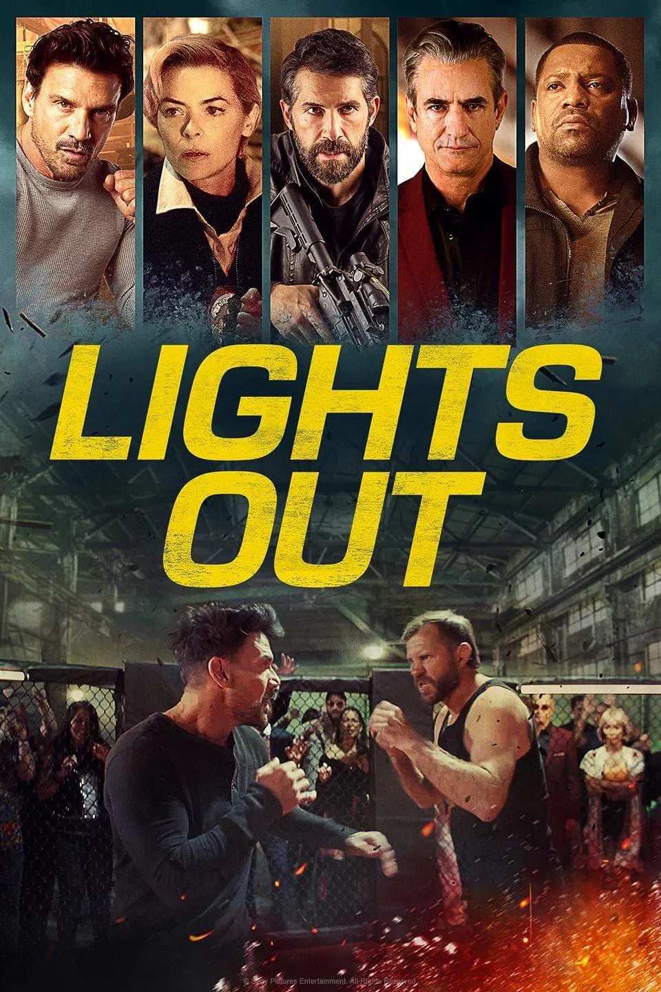 Poster chính thức của phim Phim Hành Động, Phim Giật Gân "Chiến Binh Ngầm" (Lights Out - 2024), với sự tham gia của diễn viên Frank Grillo và Mekhi Phifer.