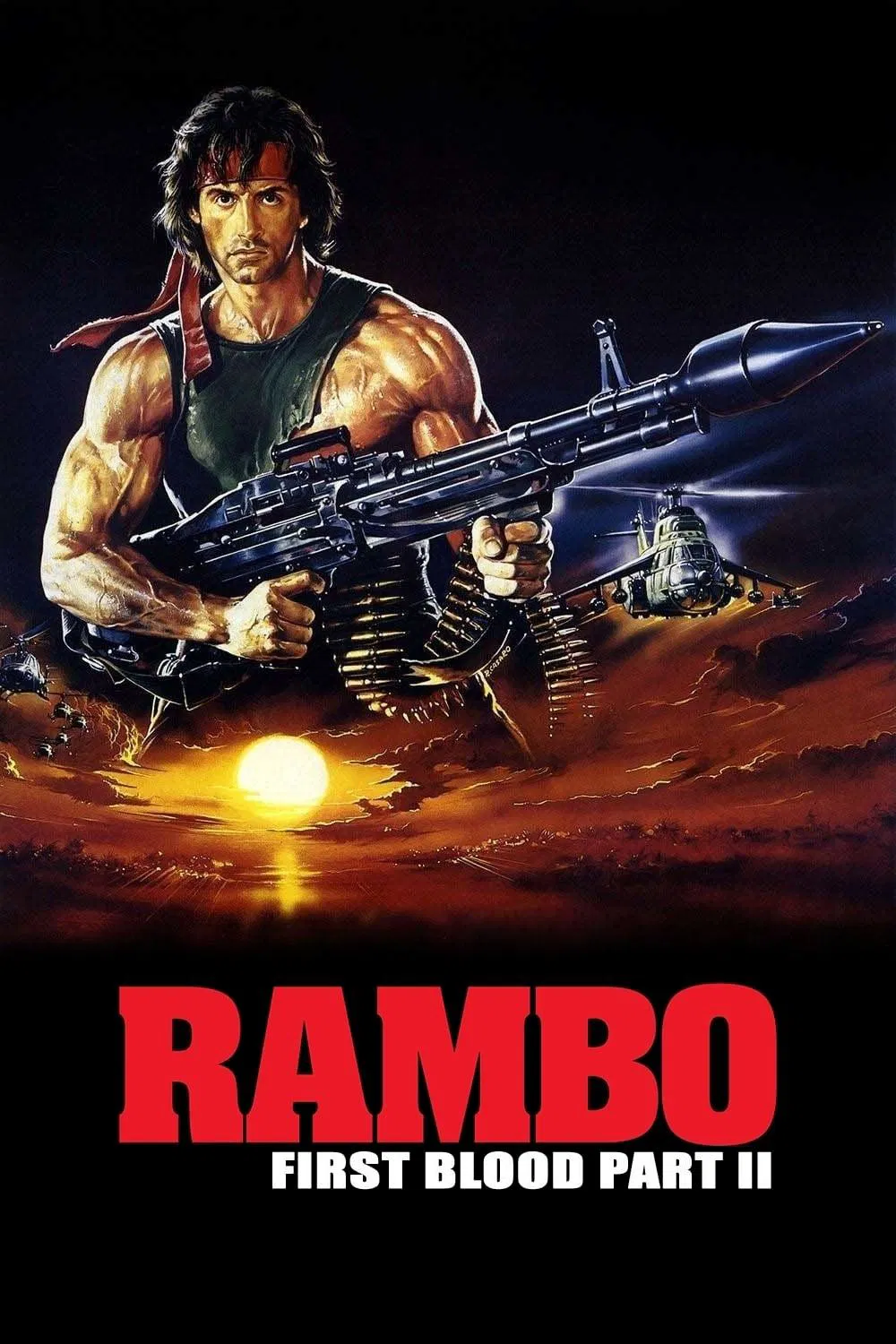 Poster chính thức của phim Phim Hành Động, Phim Phiêu Lưu "Chiến Binh Rambo 2" (Rambo: First Blood Part II - 1985), với sự tham gia của diễn viên Sylvester Stallone và Richard Crenna.