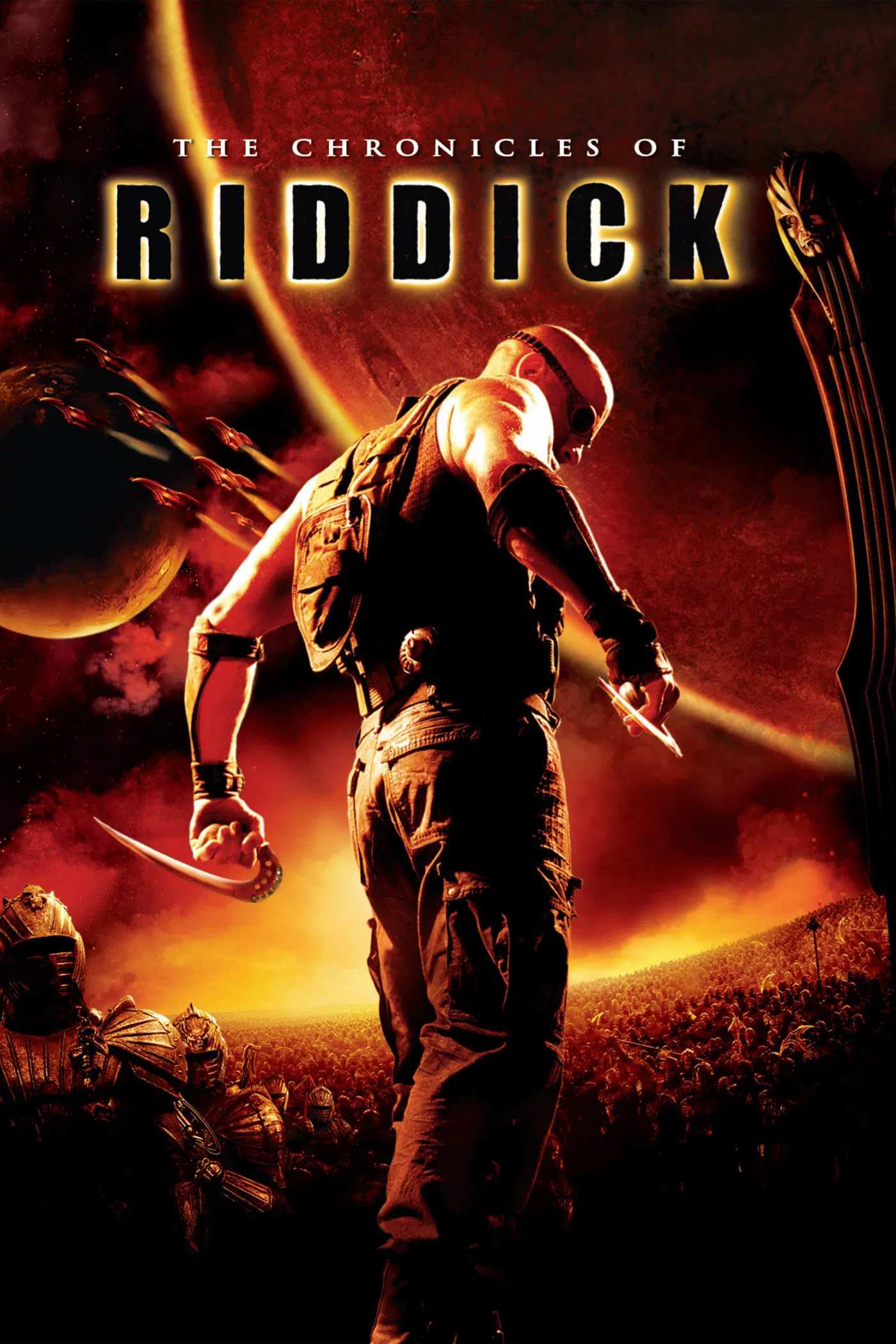 Poster chính thức của phim Phim Hành Động, Phim Viễn Tưởng "Chiến Binh Riddick" (The Chronicles of Riddick - 2004), với sự tham gia của diễn viên Vin Diesel và Thandiwe Newton.