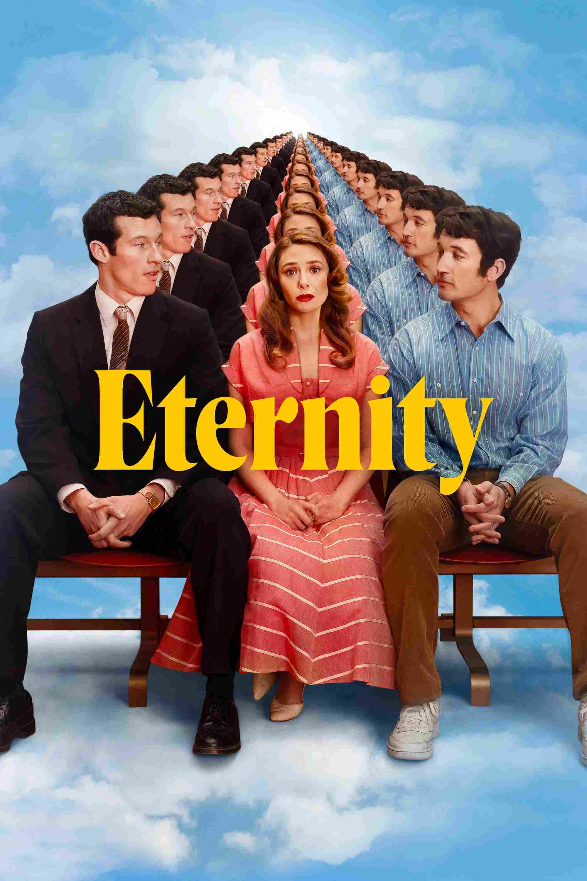 Poster chính thức của phim Phim Tình Cảm, Phim Hài "Chọn Chồng Nơi Chín Suối" (Eternity - 2025), với sự tham gia của diễn viên Elizabeth Olsen và Miles Teller.