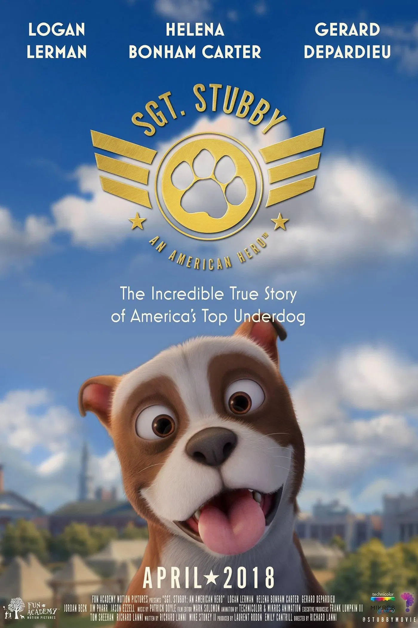 Poster chính thức của phim Phim Hoạt Hình, Phim Phiêu Lưu "Chú Chó Anh Hùng" (Sgt. Stubby: An American Hero - 2018), với sự tham gia của diễn viên Logan Lerman và Helena Bonham Carter.