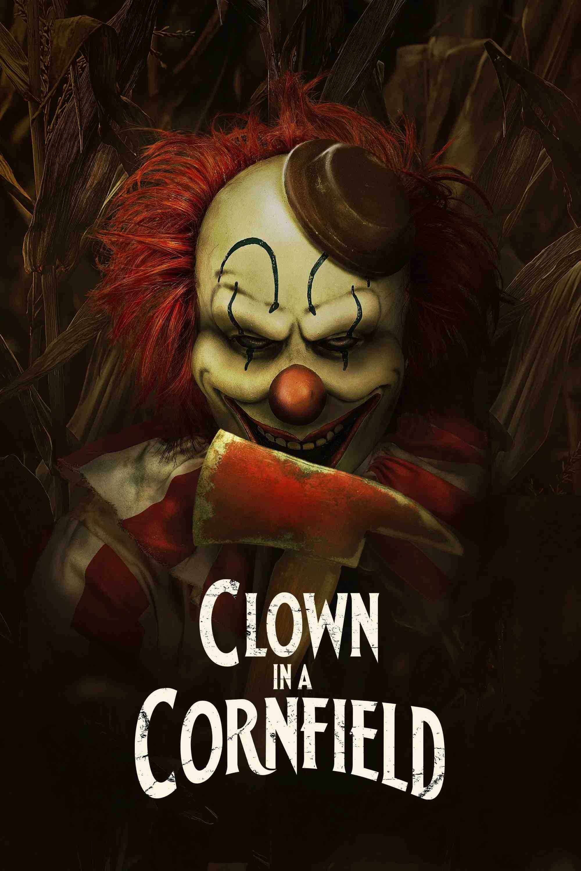 Poster chính thức của phim Phim Kinh Dị, Phim Bí Ẩn "Chú Hề Trong Cánh Đồng Ngô" (Clown in a Cornfield - 2025), với sự tham gia của diễn viên Katie Douglas và Aaron Abrams.