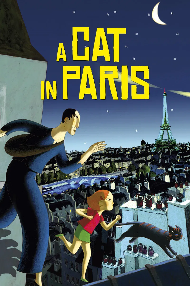 Poster chính thức của phim Phim Hoạt Hình, Phim Hài "Chú Mèo Ở Paris" (A Cat in Paris - 2010), với sự tham gia của diễn viên Dominique Blanc và Bruno Salomone.