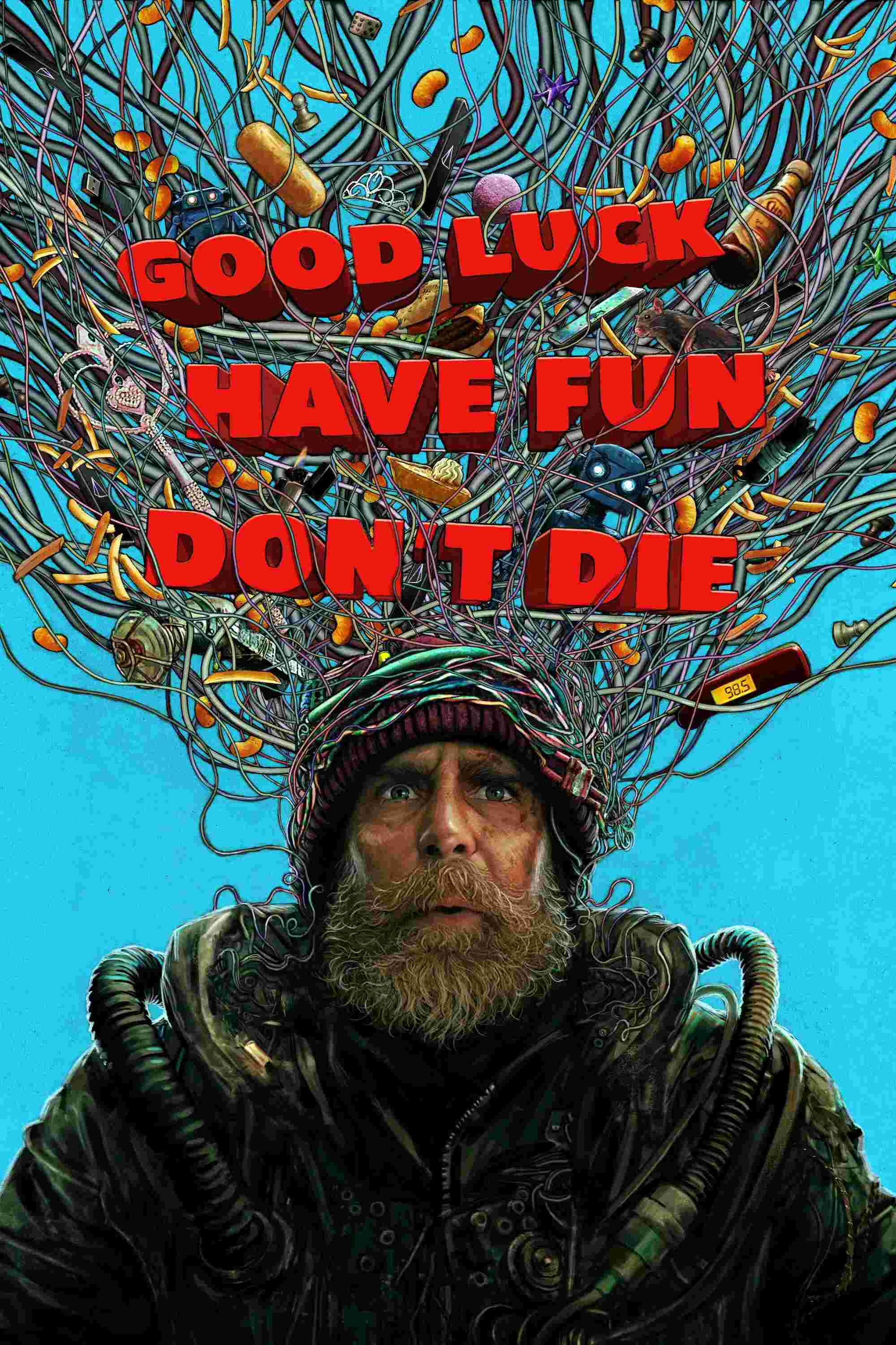 Poster chính thức của phim Phim Hành Động, Phim Viễn Tưởng "Chúc May Mắn Và Vui Lên, Đừng Chết" (Good Luck, Have Fun, Don't Die - 2026), với sự tham gia của diễn viên Sam Rockwell và Juno Temple.