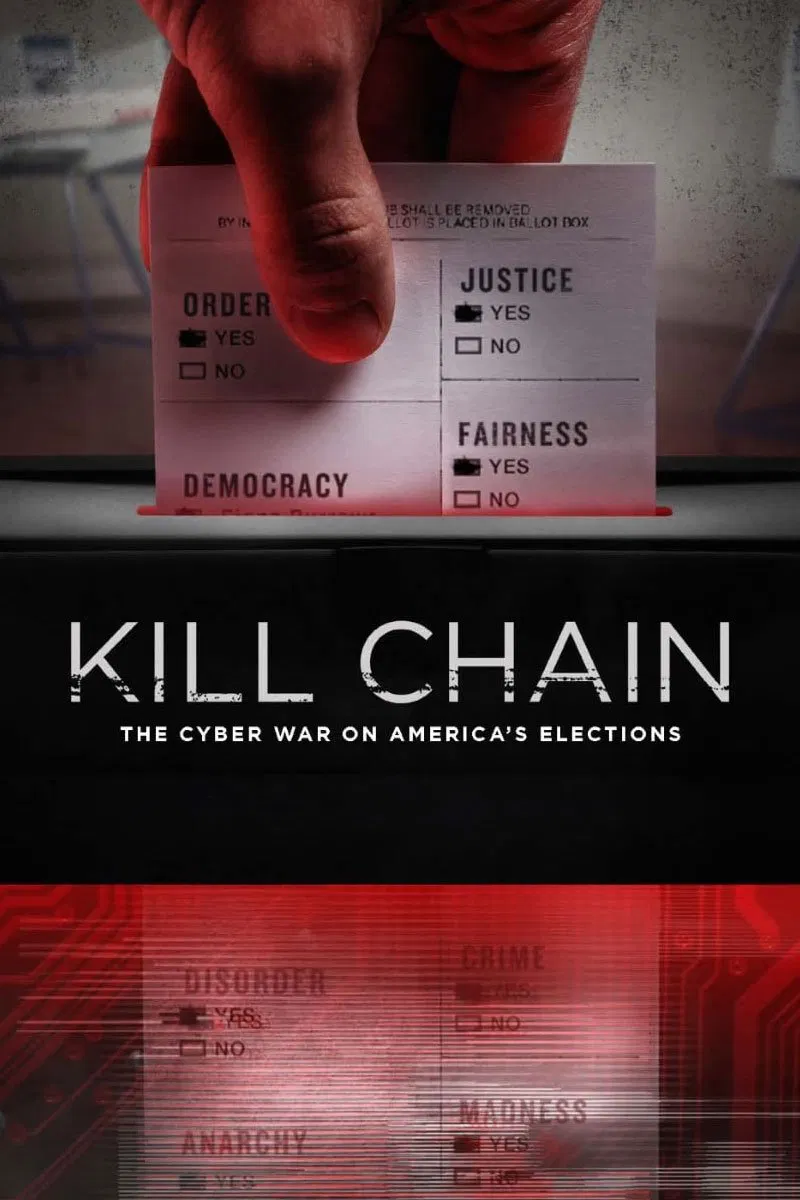 Poster chính thức của phim Phim Tài Liệu "Chuỗi Tấn Công: Chiến Tranh Mạng Trong Bầu Cử Hoa Kỳ" (Kill Chain: The Cyber War on America's Elections - 2020), với sự tham gia của diễn viên Harri Hursti và Amy Klobuchar.