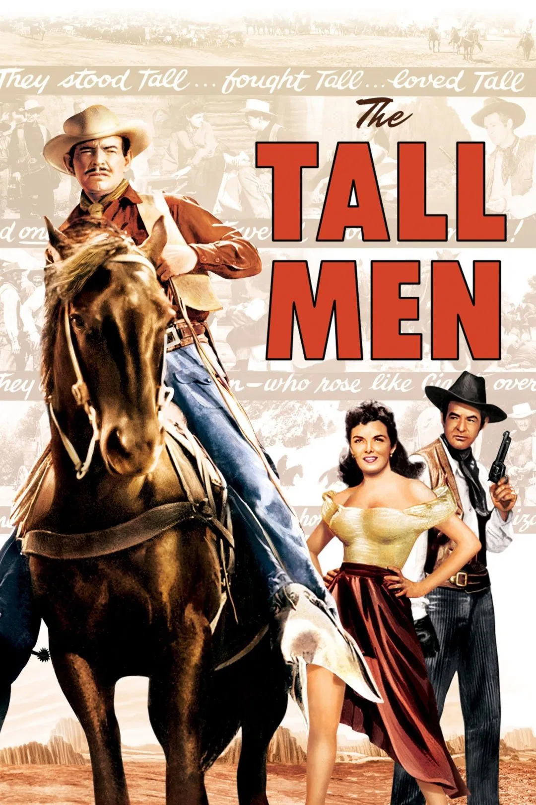 Poster chính thức của phim Phim Miền Tây, Phim Phiêu Lưu "Chuyển Giao" (The Tall Men - 1955), với sự tham gia của diễn viên Clark Gable và Jane Russell.