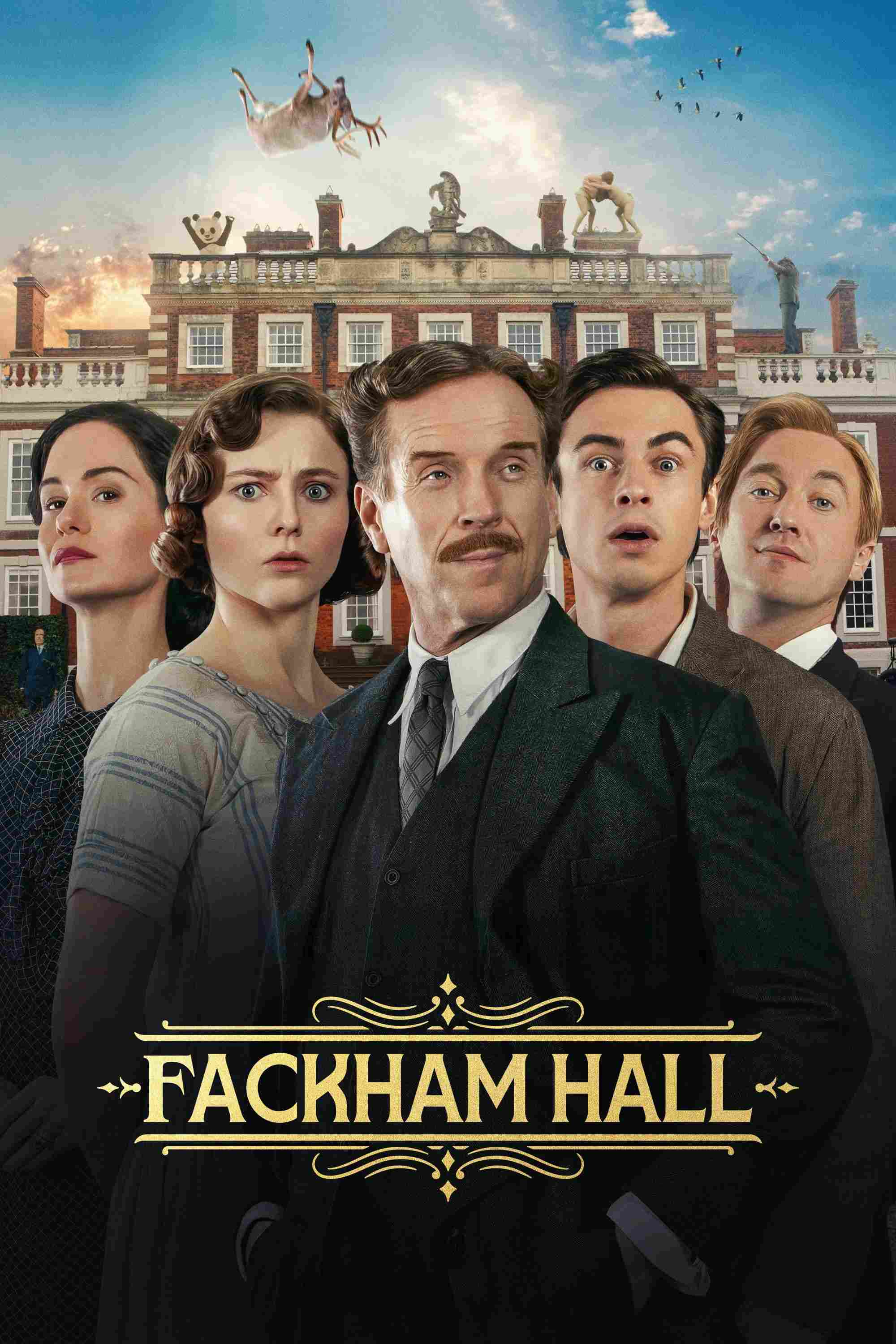 Poster chính thức của phim Phim Hài, Phim Lịch Sử "Chuyện Nhà Quý Tộc" (Fackham Hall - 2025), với sự tham gia của diễn viên Thomasin McKenzie và Ben Radcliffe.