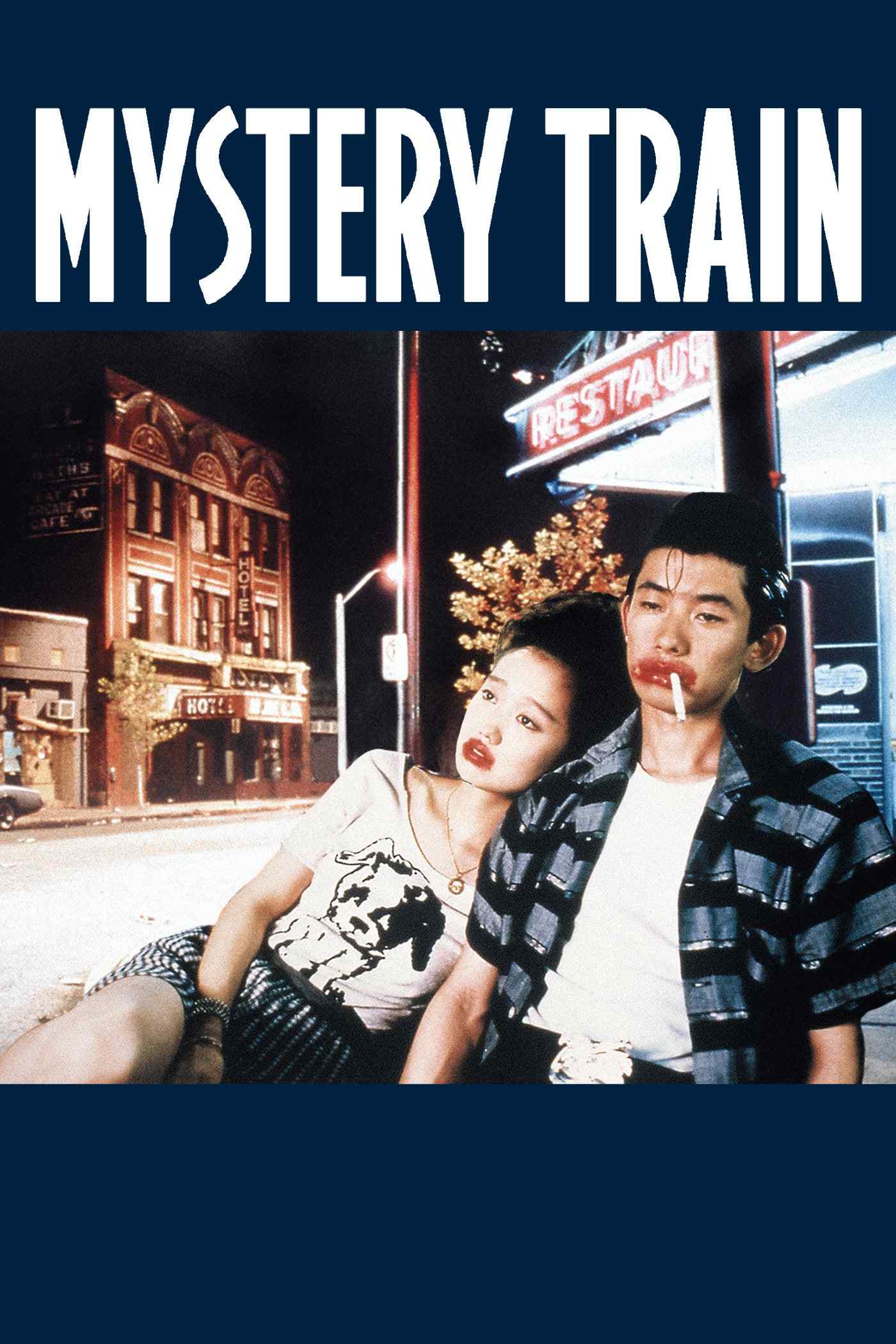 Poster chính thức của phim Phim Hài "Chuyến Tàu Bí Ẩn" (Mystery Train - 1989), với sự tham gia của diễn viên Youki Kudoh và Masatoshi Nagase.