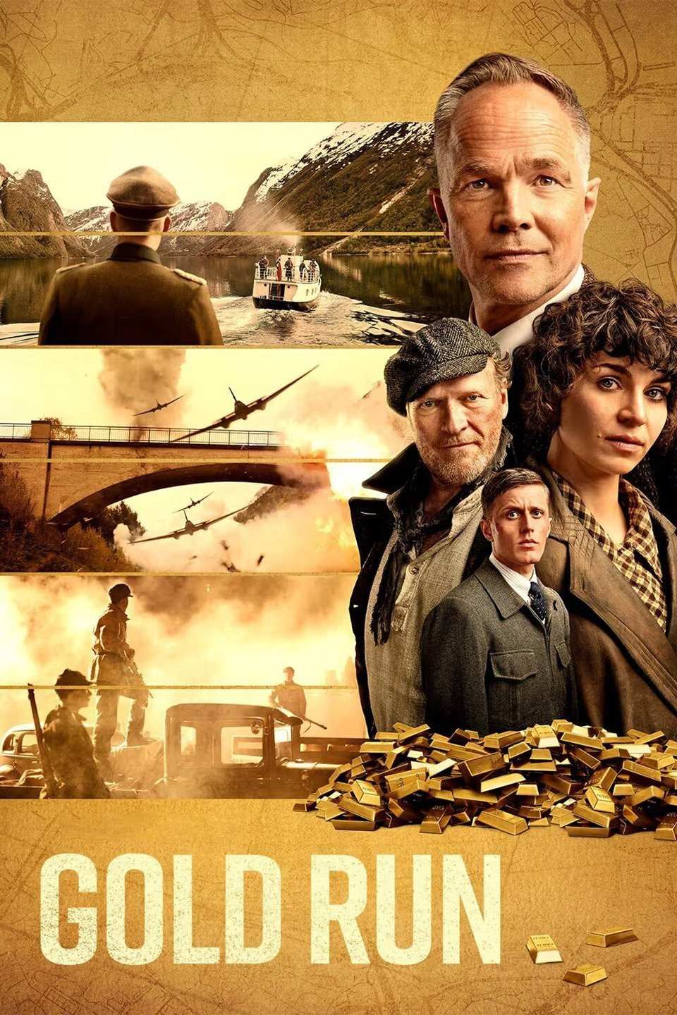 Poster chính thức của phim Phim Chiến Tranh, Phim Hành Động "Chuyến Tàu Chở Vàng" (Gold Run - 2022), với sự tham gia của diễn viên Jon Øigarden và Ida Elise Broch.