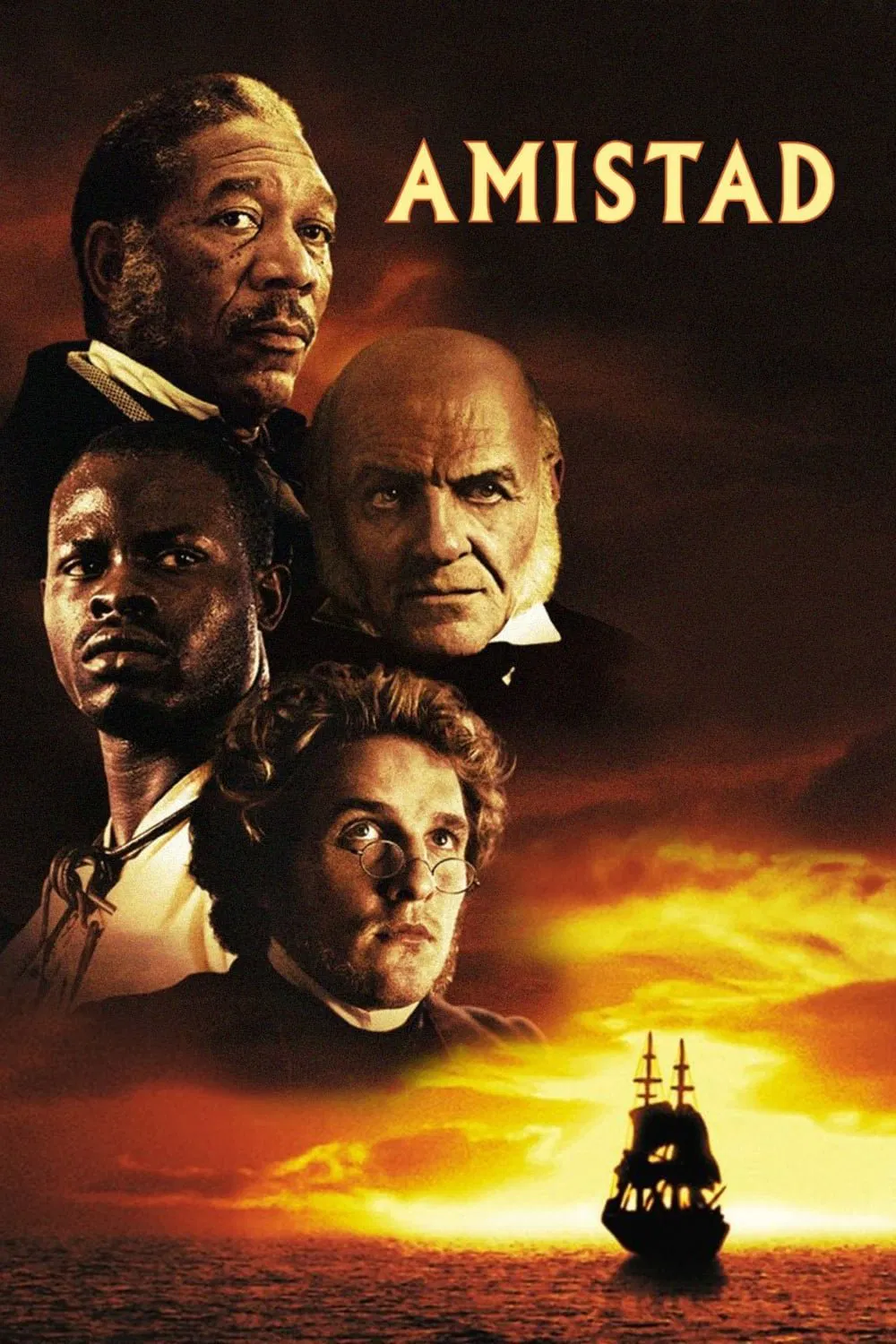 Poster chính thức của phim Phim Tâm Lý, Phim Lịch Sử "Chuyến Tàu Nô Lệ" (Amistad - 1997), với sự tham gia của diễn viên Morgan Freeman và Nigel Hawthorne.