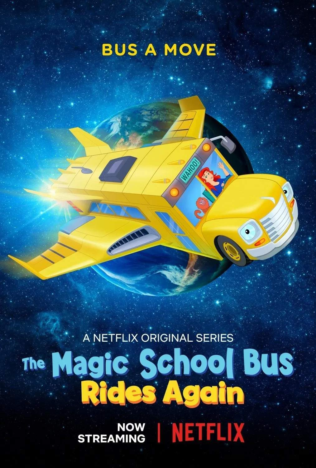 Poster chính thức của phim Phim Gia Đình, Phim Hoạt Hình "Chuyến Xe Khoa Học Kỳ Thú: Trạm Vũ Trụ" (The Magic School Bus Rides Again: Kids in Space - 2020), với sự tham gia của diễn viên Kate McKinnon và Gabby Clarke.