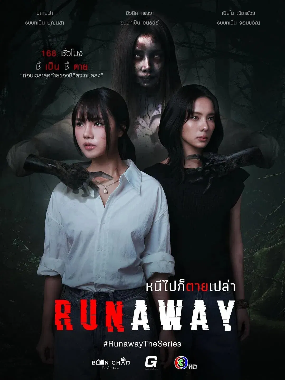 Poster chính thức của phim Phim Tâm Lý, Phim Bí Ẩn "Có Chạy Cũng Chết" (Runaway - 2025), với sự tham gia của diễn viên Praewa Suthamphong và Plaifah Siraacha.