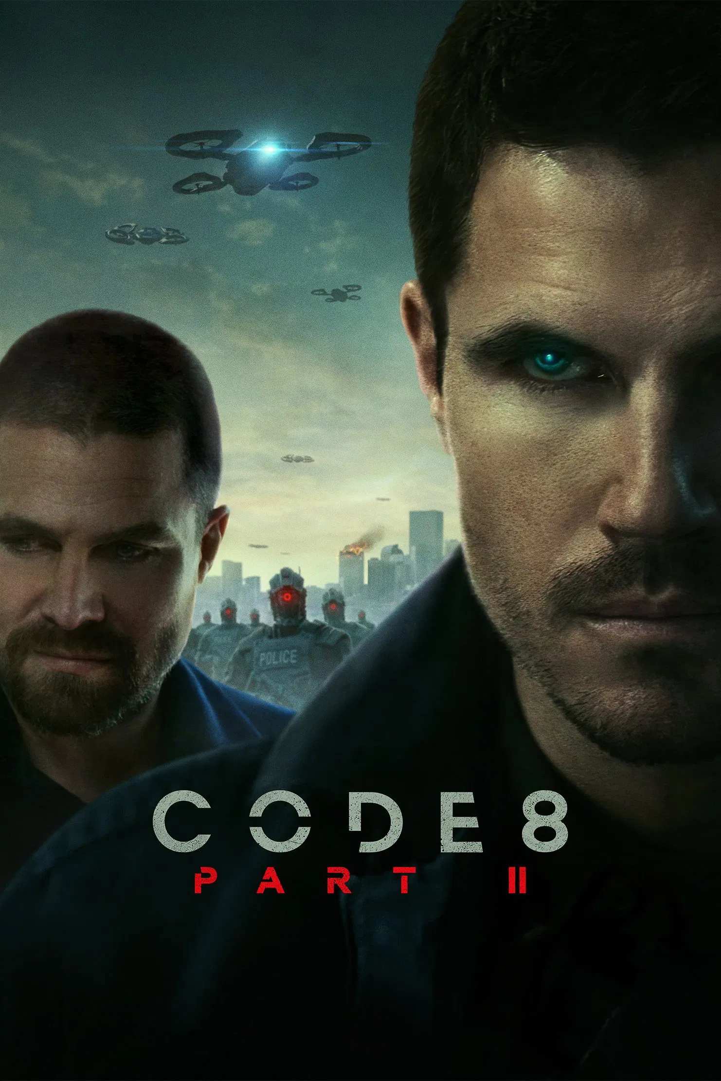 Poster chính thức của phim Phim Viễn Tưởng, Phim Hành Động "Code 8: Phần II" (Code 8 Part II - 2024), với sự tham gia của diễn viên Robbie Amell và Stephen Amell.