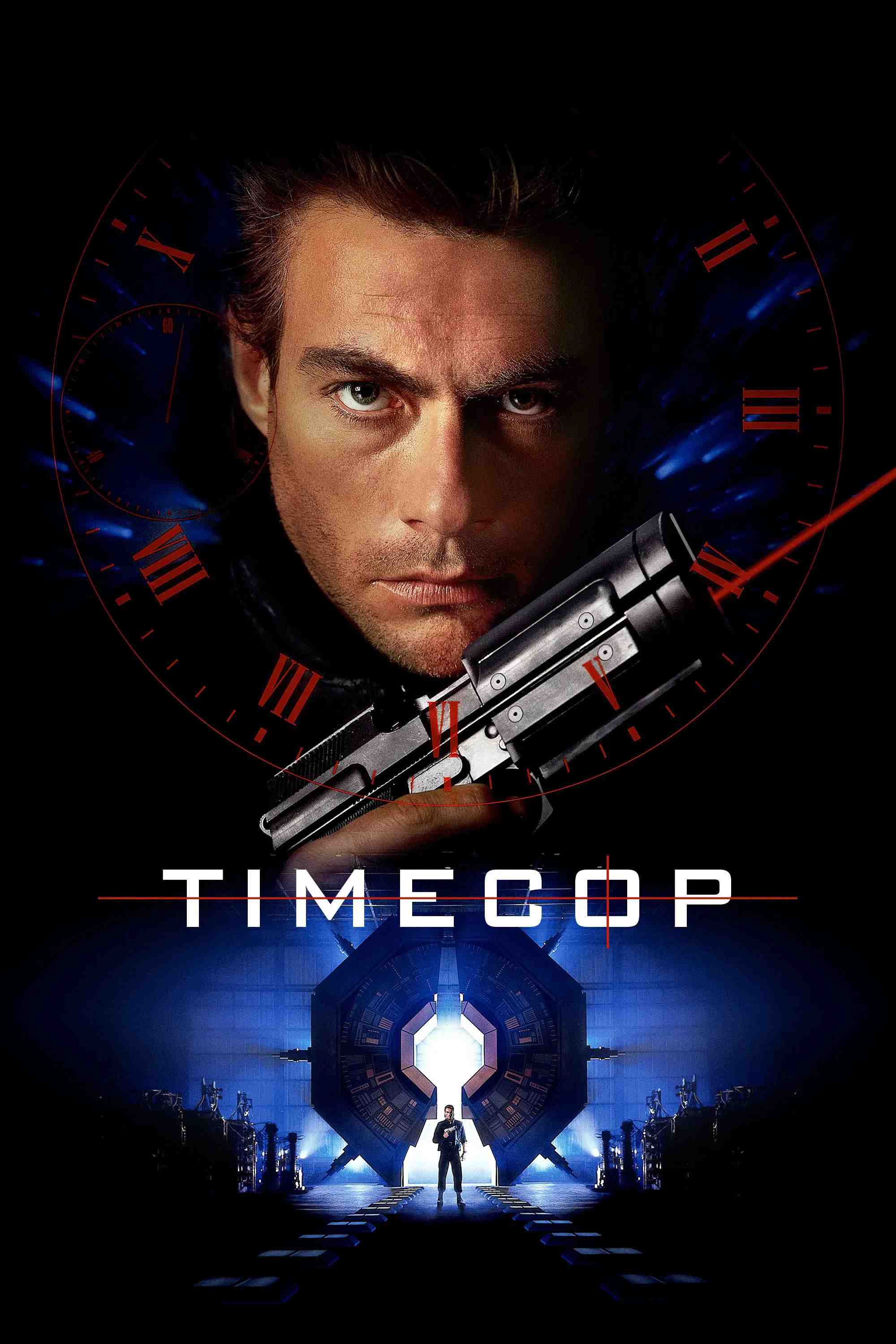 Poster chính thức của phim Phim Giật Gân, Phim Viễn Tưởng "Cớm Thời Gian" (Timecop - 1994), với sự tham gia của diễn viên Jean-Claude Van Damme và Mia Sara.