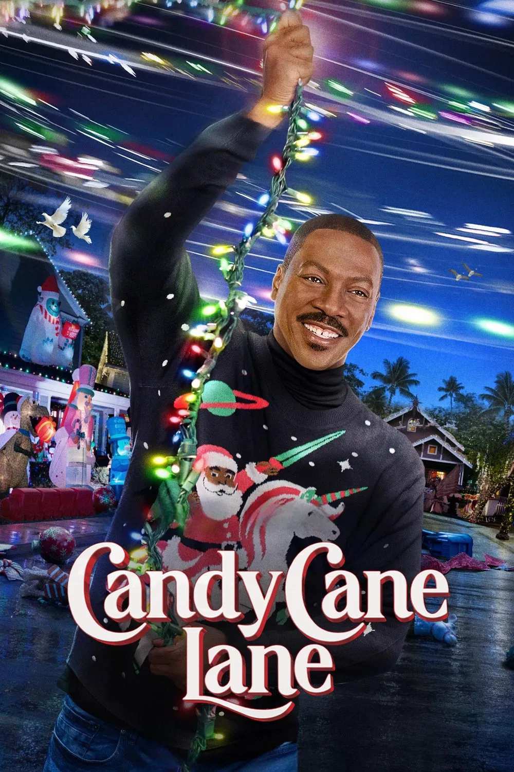 Poster chính thức của phim Phim Hài, Phim Giả Tượng "Con Đường Kẹo" (Candy Cane Lane - 2023), với sự tham gia của diễn viên Eddie Murphy và Tracee Ellis Ross.