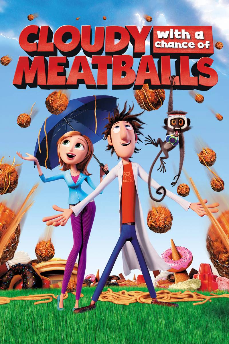 Poster chính thức của phim Phim Hoạt Hình, Phim Hài "Cơn Mưa Thịt Viên" (Cloudy with a Chance of Meatballs - 2009), với sự tham gia của diễn viên Bill Hader và Anna Faris.