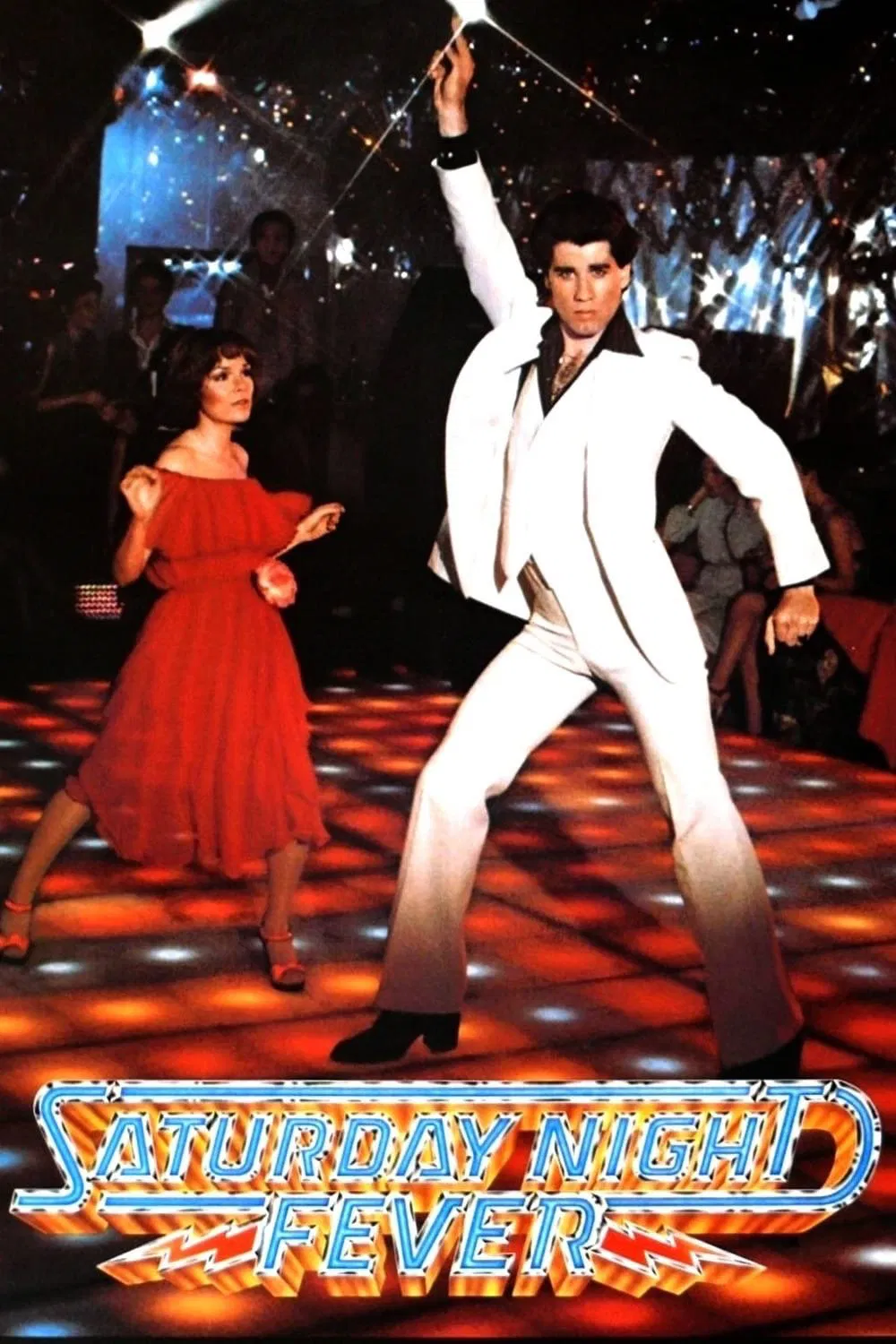 Poster chính thức của phim Phim Ca Nhạc, Phim Tâm Lý "Cơn Sốt Đêm Thứ Bảy" (Saturday Night Fever - 1977), với sự tham gia của diễn viên John Travolta và Karen Lynn Gorney.