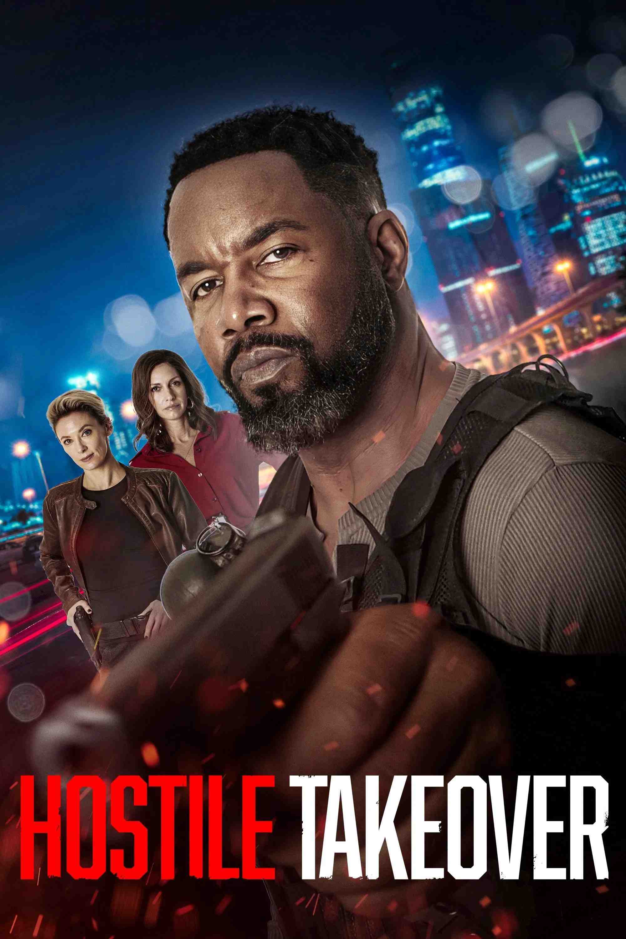 Poster chính thức của phim Phim Hành Động, Phim Hài "Cú Đảo Quyền" (Hostile Takeover - 2025), với sự tham gia của diễn viên Michael Jai White và Aimee Stolte.