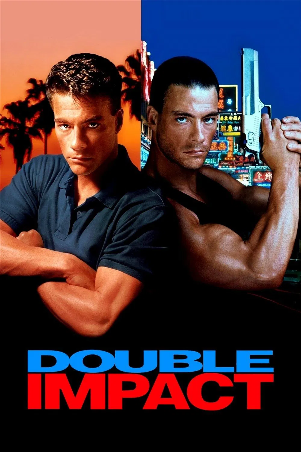 Poster chính thức của phim Phim Giật Gân, Phim Hành Động "Cú Đòn Kép" (Double Impact - 1991), với sự tham gia của diễn viên Jean-Claude Van Damme và Geoffrey Lewis.