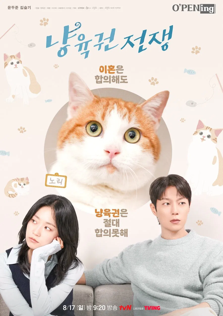 Poster chính thức của phim Phim Tâm Lý "Cuộc Chiến Giành Quyền Nuôi Mèo" (Cat Custody War - 2025), với sự tham gia của diễn viên Kim Seul-gi và Yoon Doo-joon.