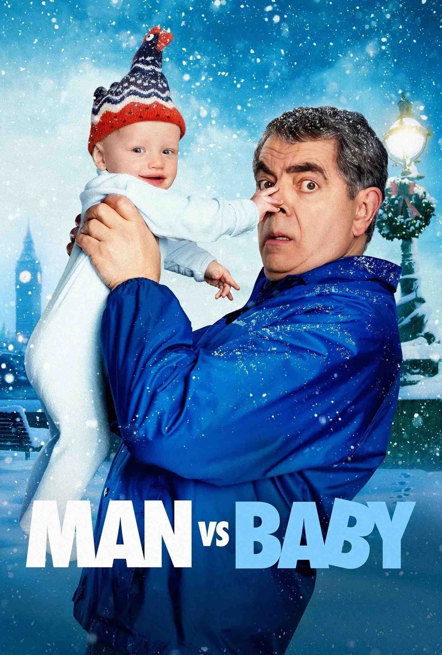 Poster chính thức của phim Phim Hài, Phim Gia Đình "Cuộc Chiến Với Bé Bi" (Man vs Baby - 2025), với sự tham gia của diễn viên Rowan Atkinson và Alanah Bloor.