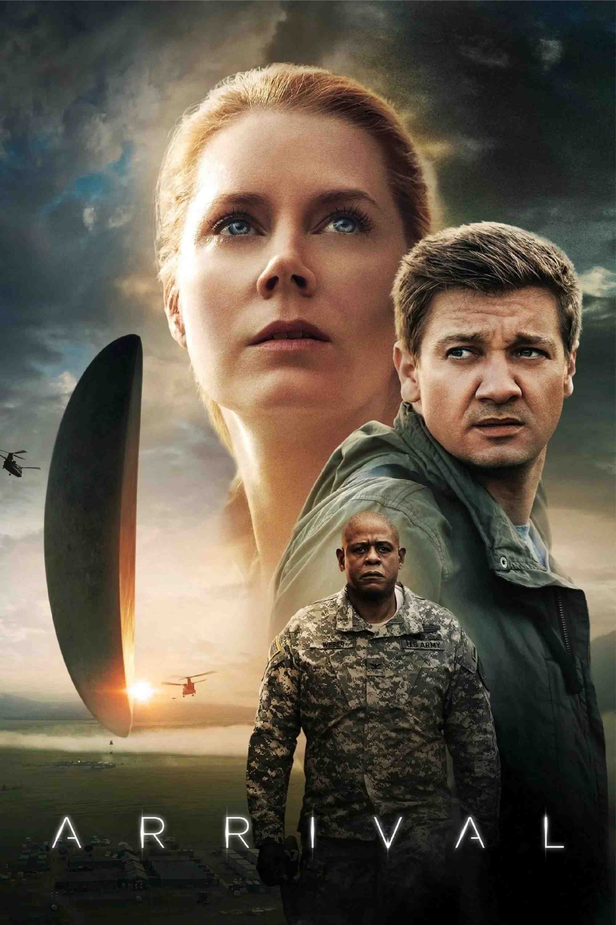 Poster chính thức của phim Phim Tâm Lý, Phim Viễn Tưởng "Cuộc Đổ Bộ Bí Ẩn" (Arrival - 2016), với sự tham gia của diễn viên Amy Adams và Jeremy Renner.