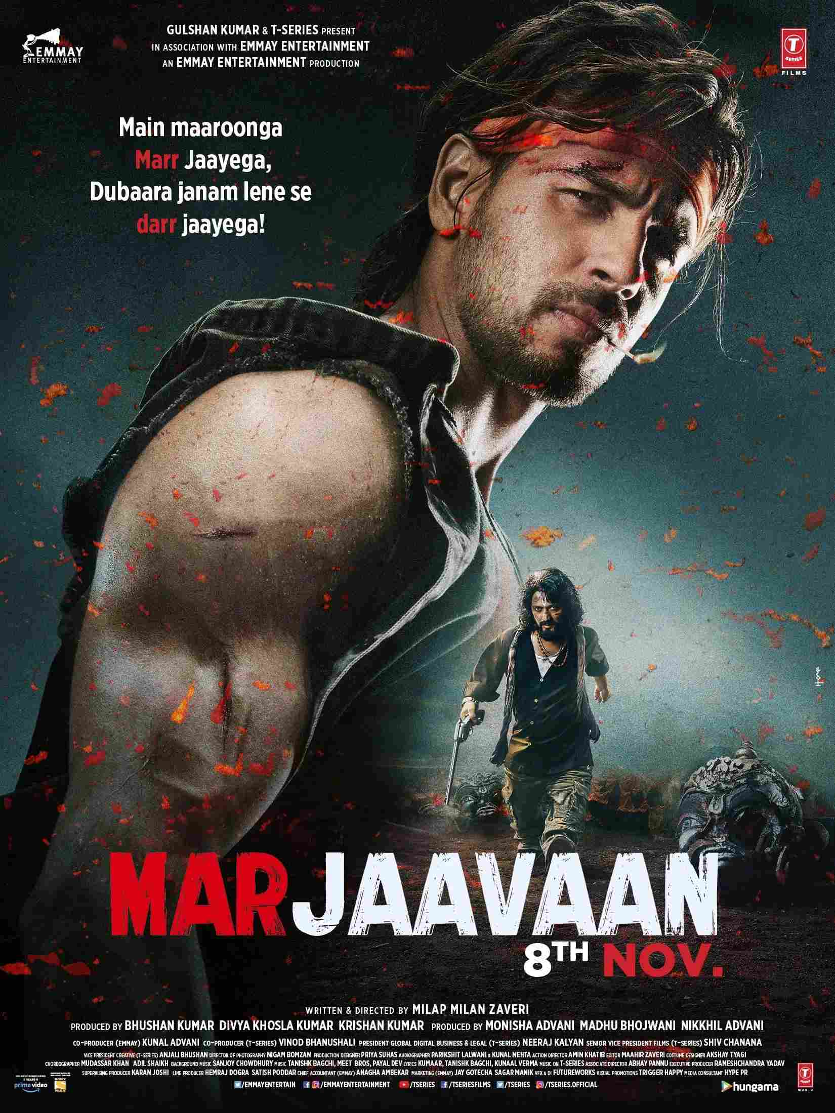 Poster chính thức của phim Phim Tình Cảm, Phim Hành Động "Cuộc đua tình ái" (Marjaavaan - 2019), với sự tham gia của diễn viên Riteish Deshmukh và Sidharth Malhotra.
